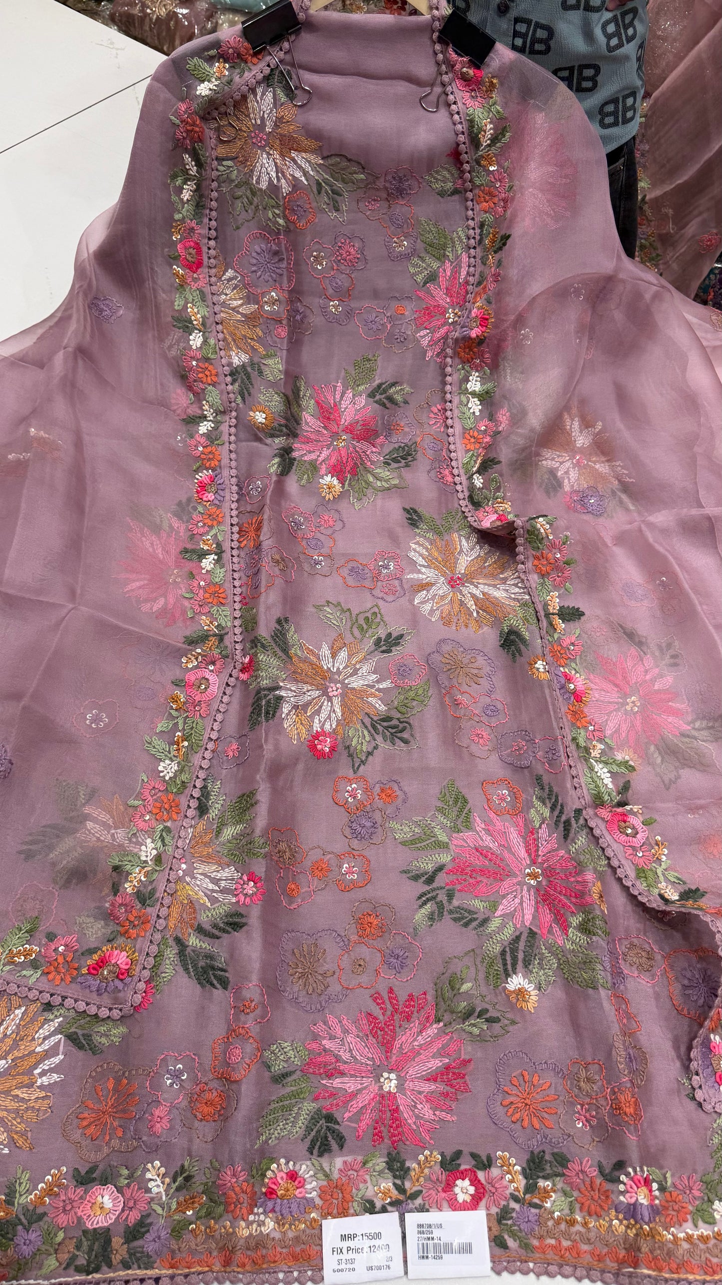 Luxury Designer Organza Kantha Embroidered Unstitched Suit with Dupatta & Crepe Bottom