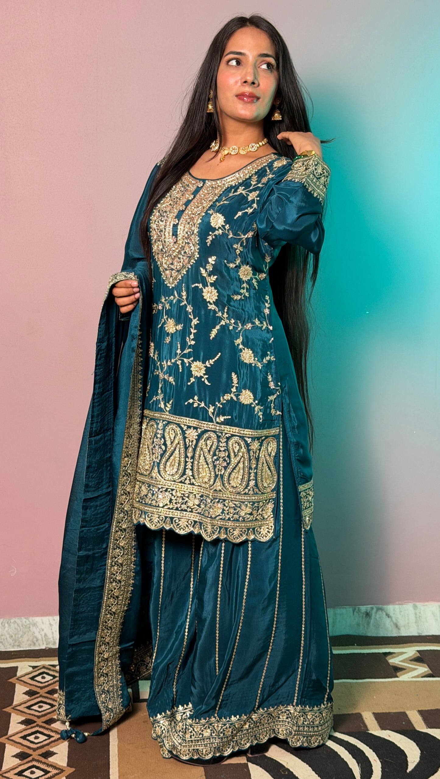 Emerald Elegance Handcrafted Zardozi Sharara Suit Set