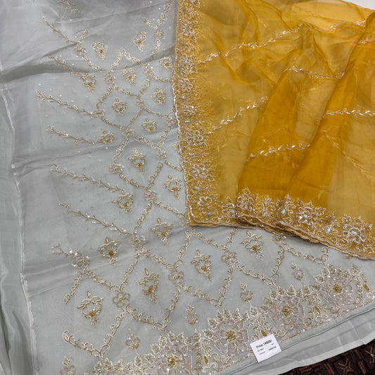 Grey-Mustard Pure Orgenza Handembroidery four side heavy dupatta suit set