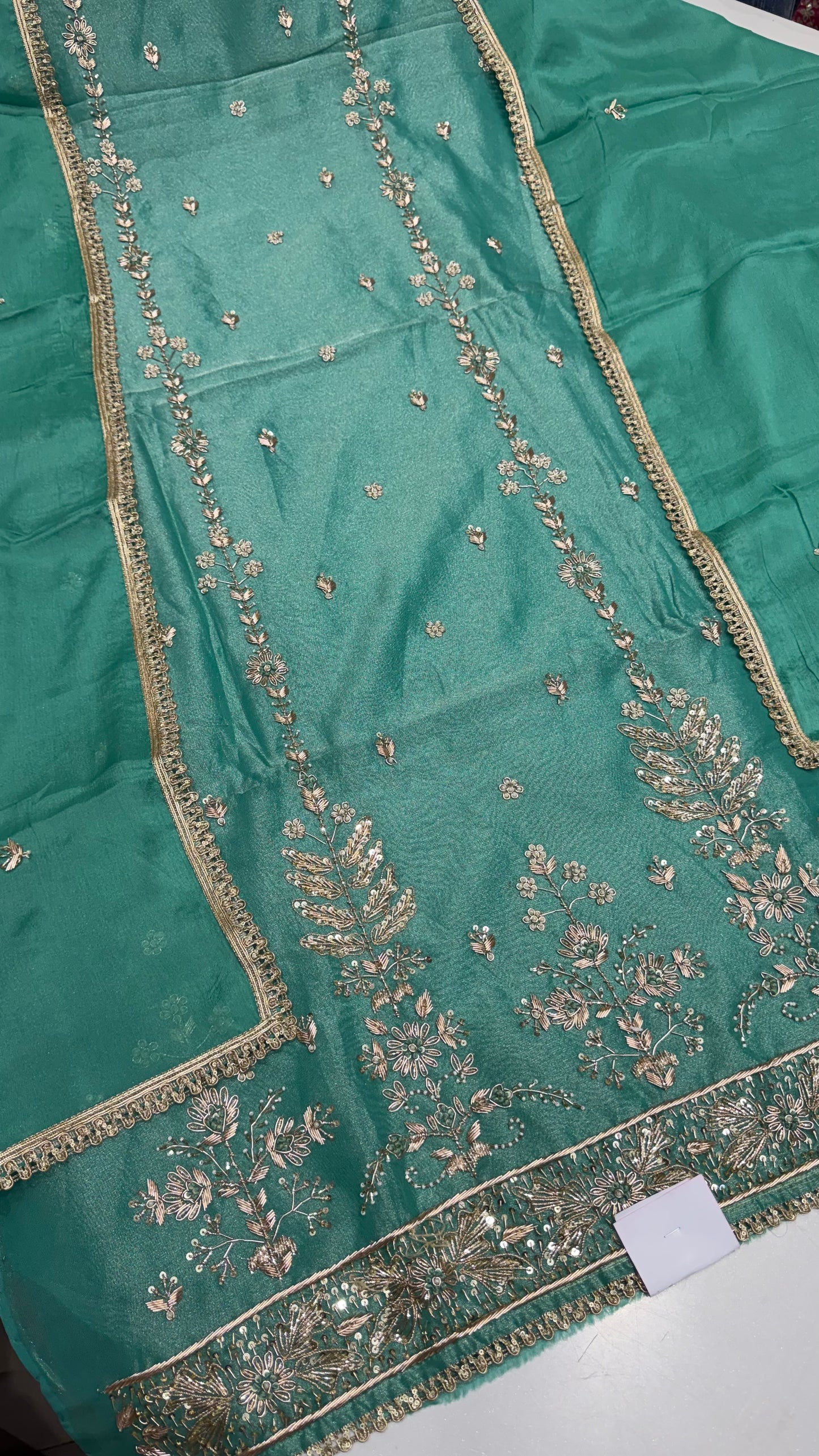 Pure Shimmer Tissue Zardozi Handwork Unstitched Suit Set