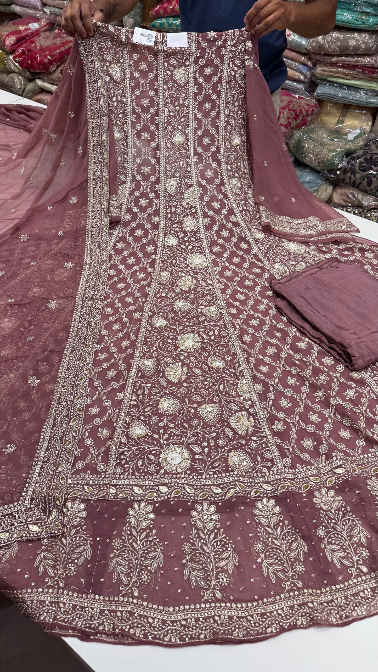 Luxury Unstitched Pure Georgette Zari Lakhnavi Anarkali Suit with Resham, Sequin & Pearl Handwork | Designer Wedding & Party Wear Suit