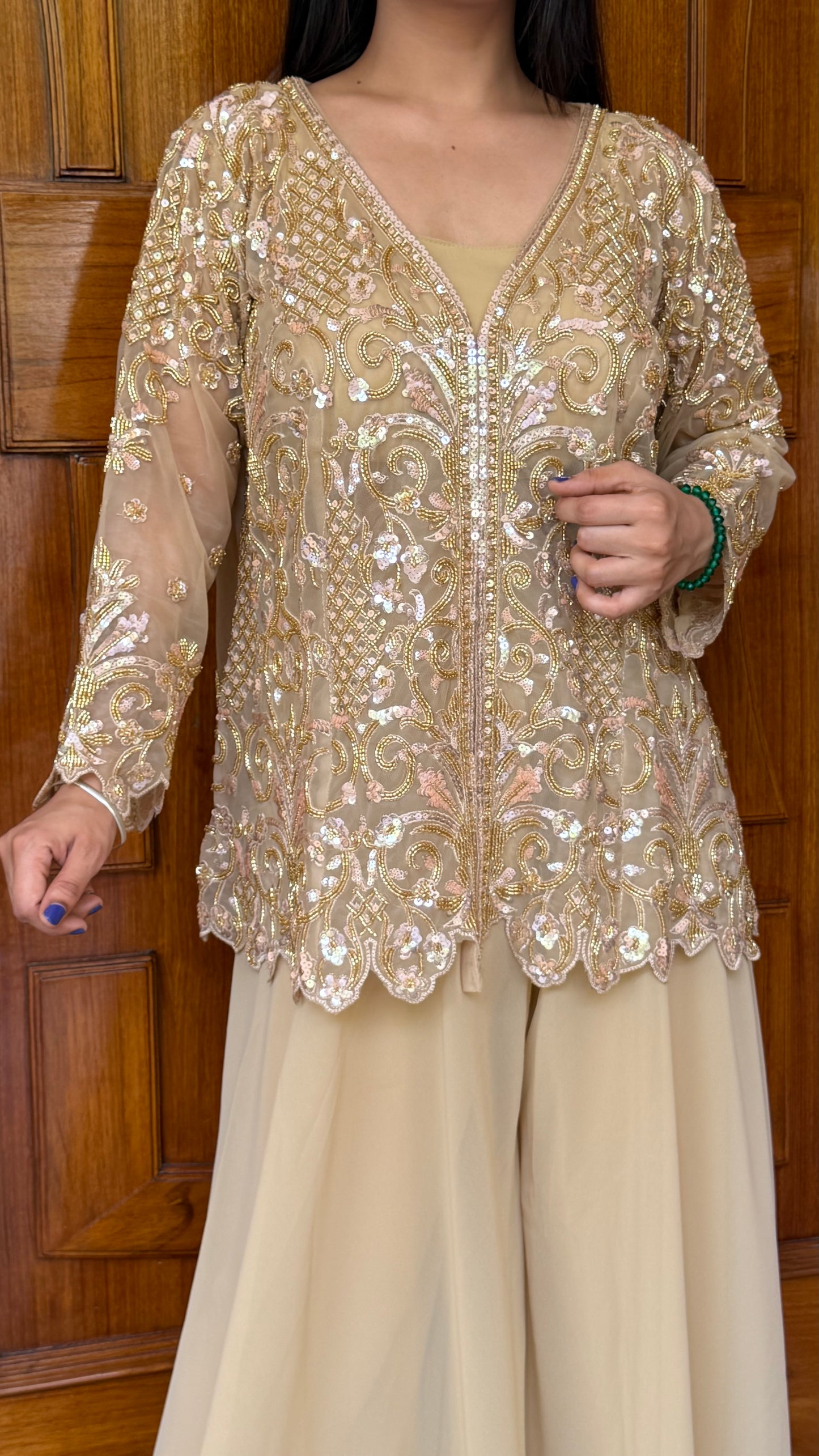 Designer Indo-Western Sharara Set with Embroidered Net Jacket | Pure Georgette Sharara Suit | Cocktail Party Wear | Readymade Free Size Up to 42 Bust