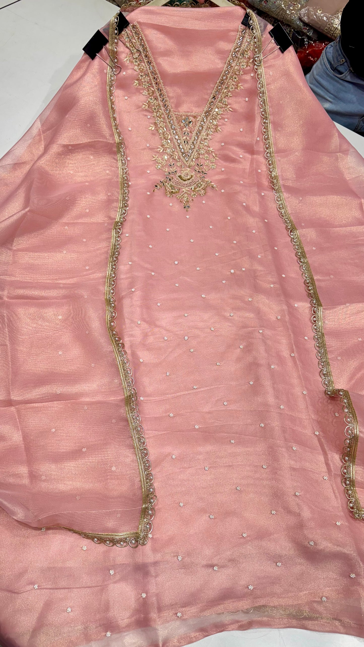 Elegant Burbery Tissue Unstitched Suit with Zardozi & Pearl Embellishments