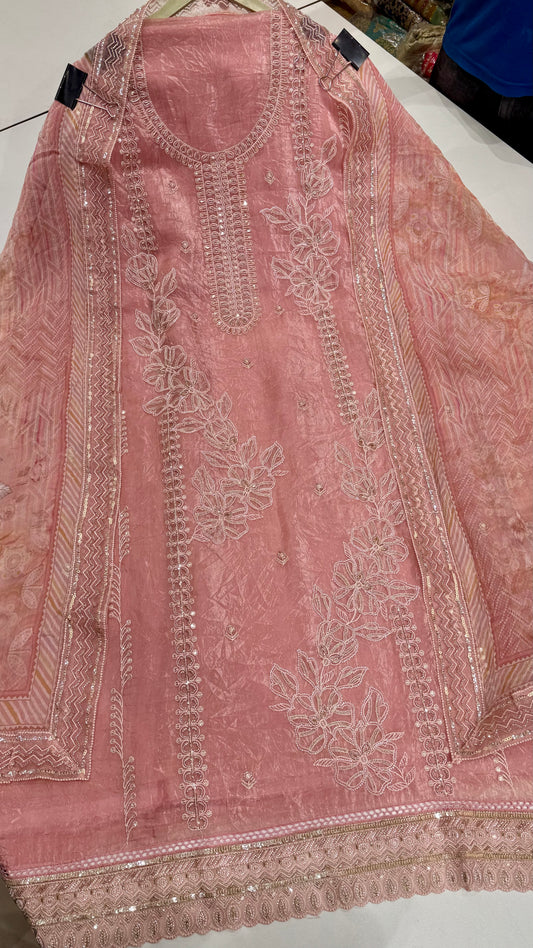 Elegant Pure Paper Silk Hand-Embroidered Unstitched Suit with Chiffon Printed Dupatta