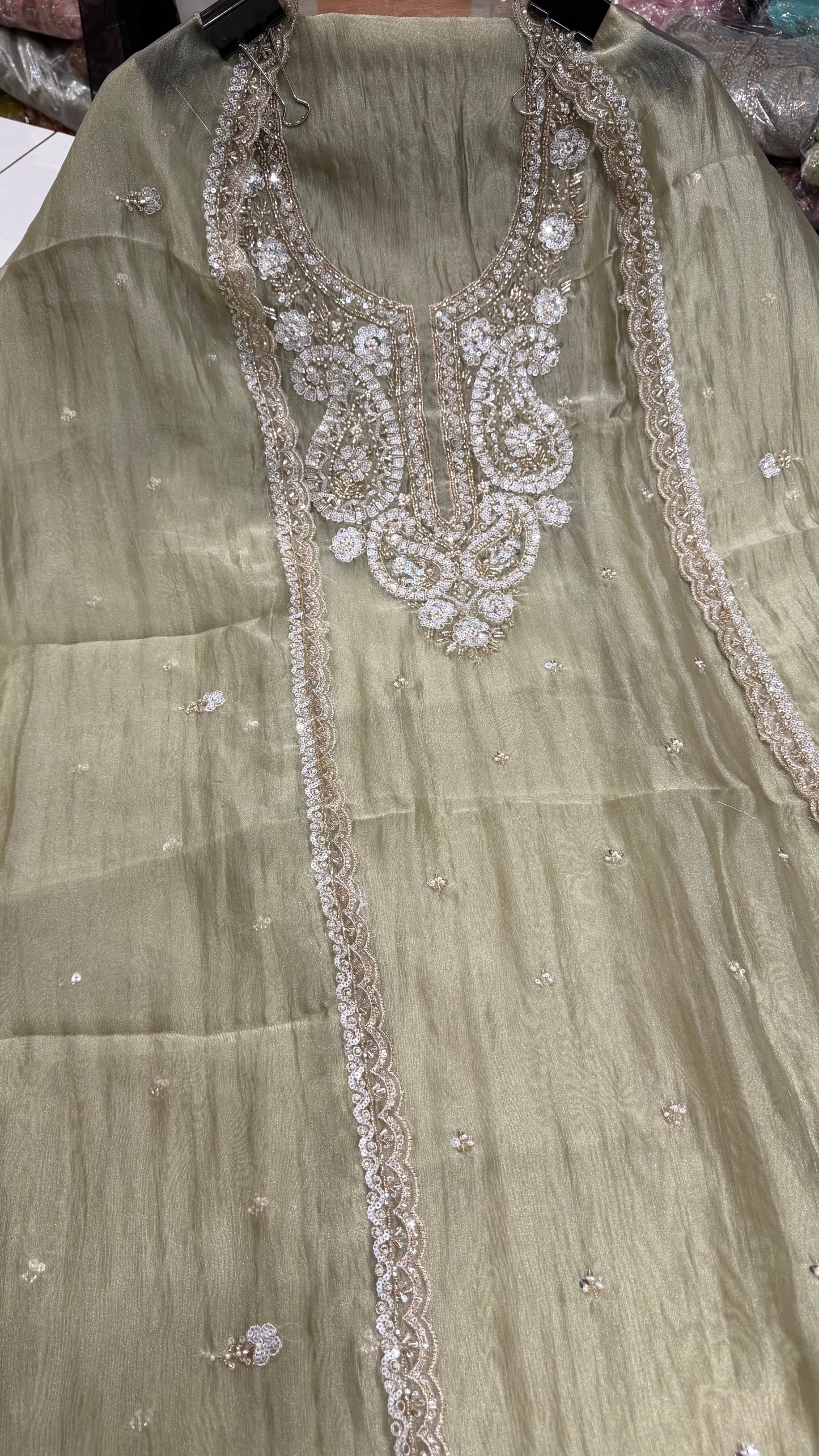 Premium Unstitched Pure Crush Organza Embroidered Suit with Designer Dupatta | Nakshi & Beads Handwork | Luxury Party Wear