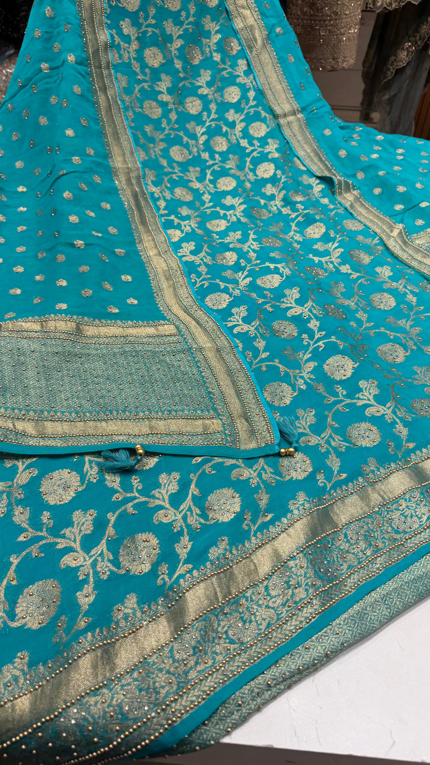 Luxury Unstitched Pure Mysore Georgette Suit | Khaddi Handloom Weaving with Heavy Embroidery Highlight | Designer Daman, Sleeves Work & Handwoven Khadi Dupatta | Festive Wedding Wear