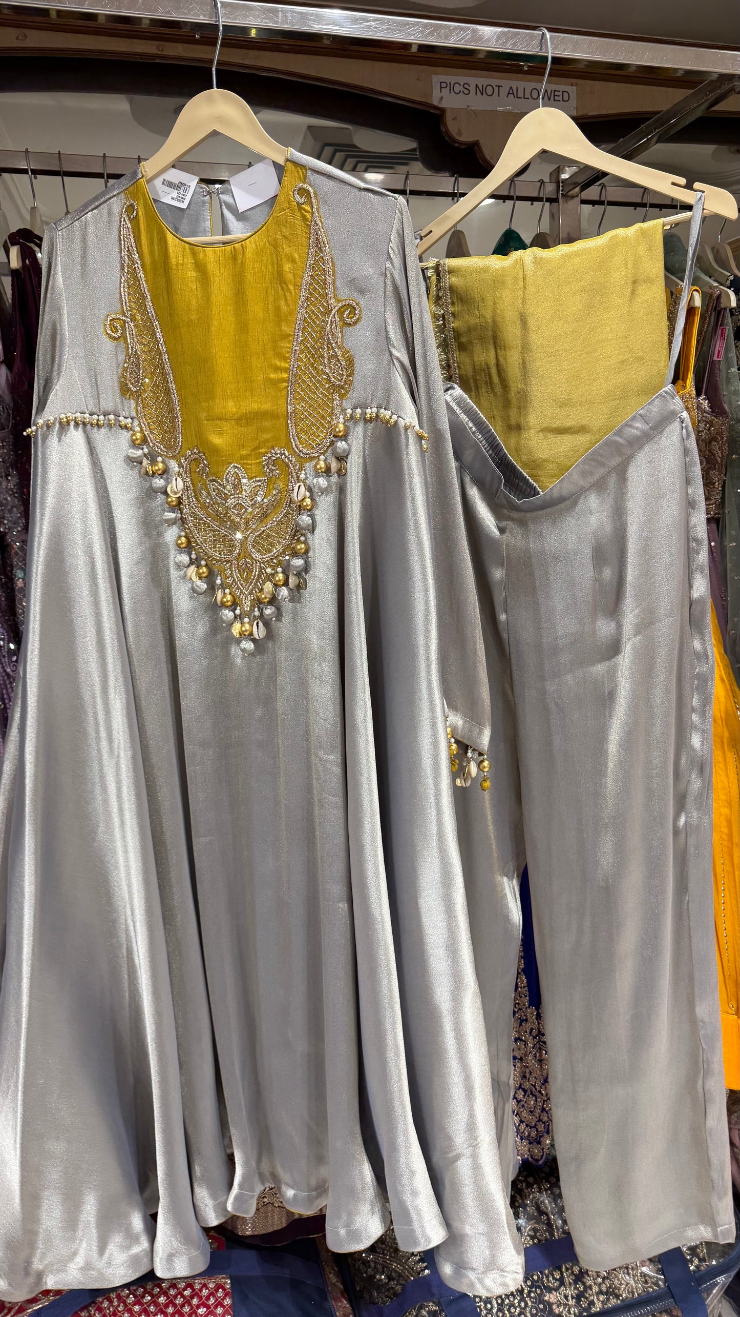 Luxury Shimmer Silk Handembroided Anarkali with pants & contrast Dupatta