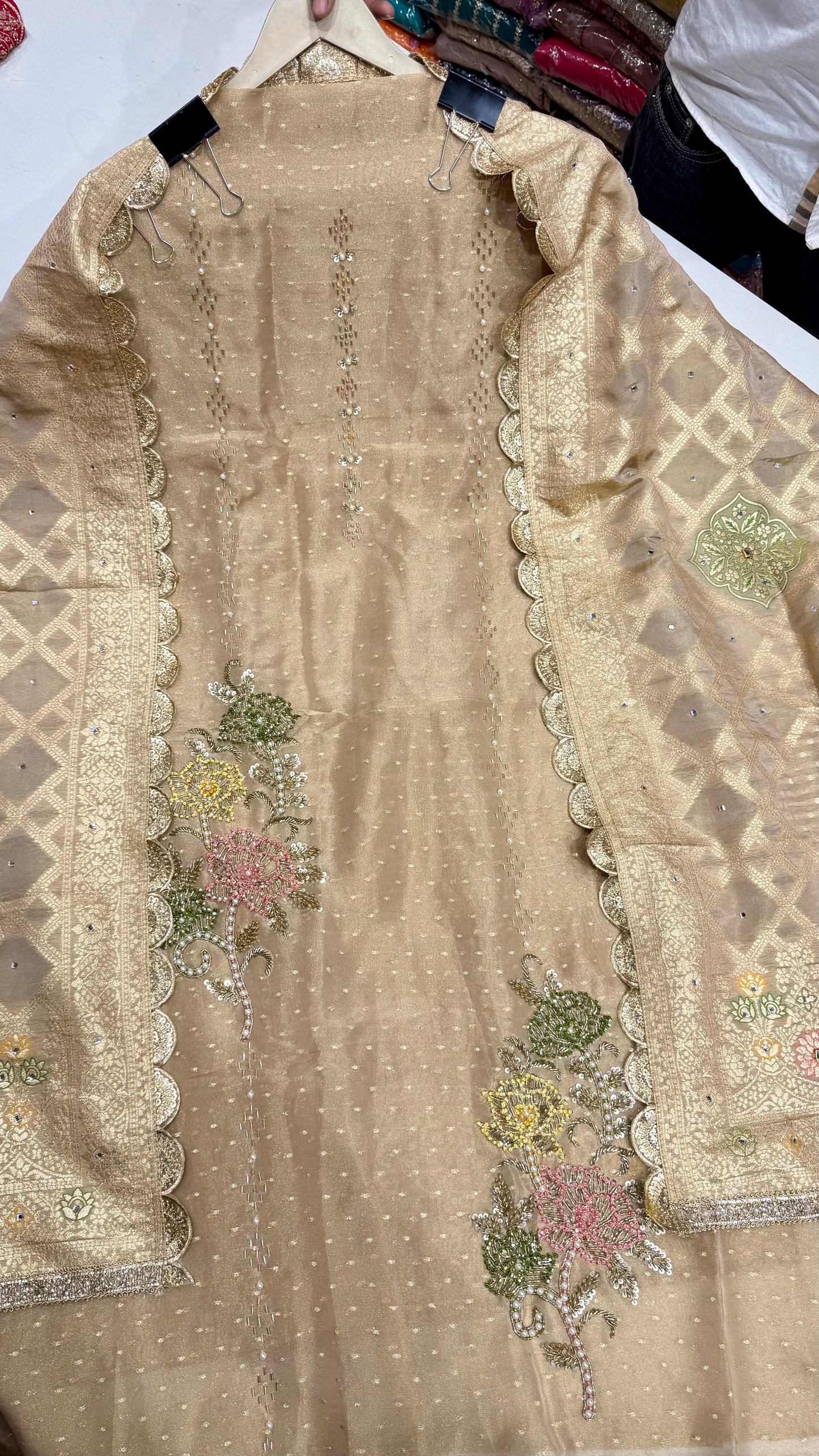 Designer Pure Handloom Tissue Unstitched Suit with Zardozi Handwork & Dupatta