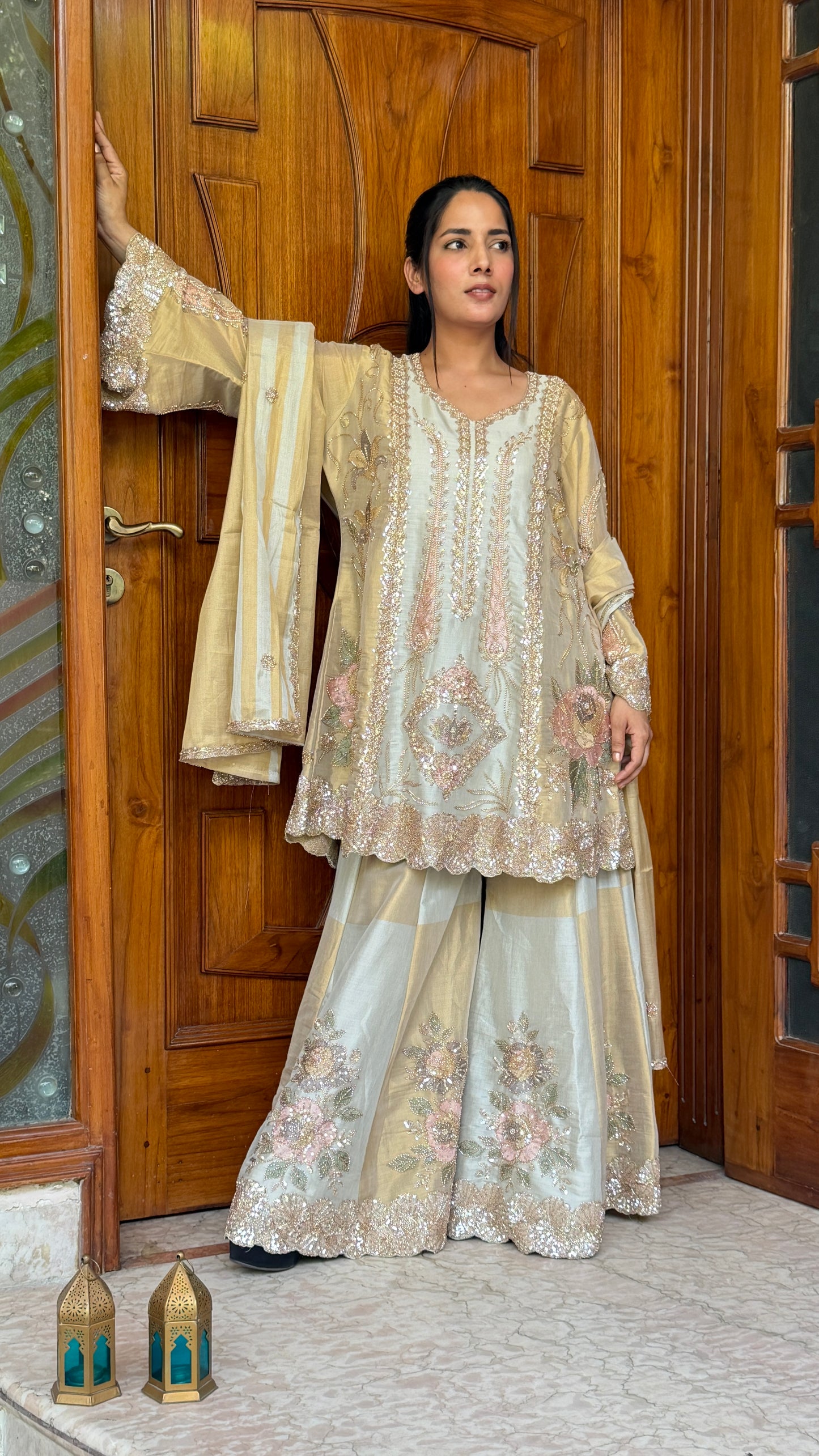 Pastel Gold A-Line Pakistani Tissue Sharara Suit Set with Hand Nakashi Work
