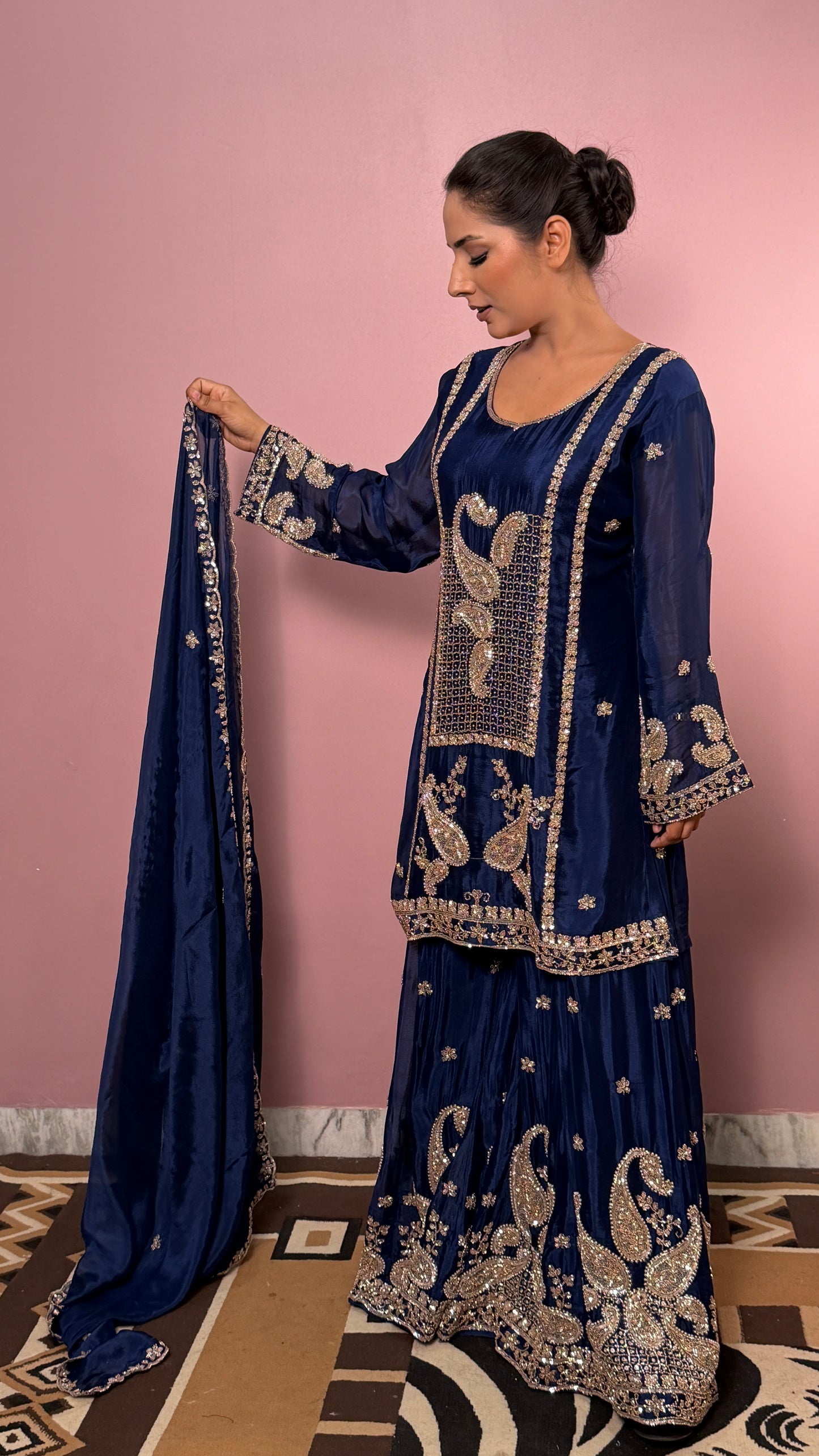 Designer Chinon Crepe Sharara Suit with Hand Nakashi Work