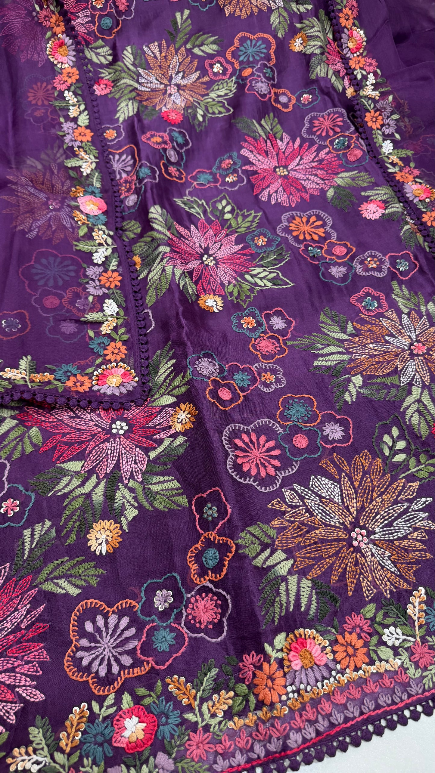 Luxury Designer Organza Kantha Embroidered Unstitched Suit with Dupatta & Crepe Bottom