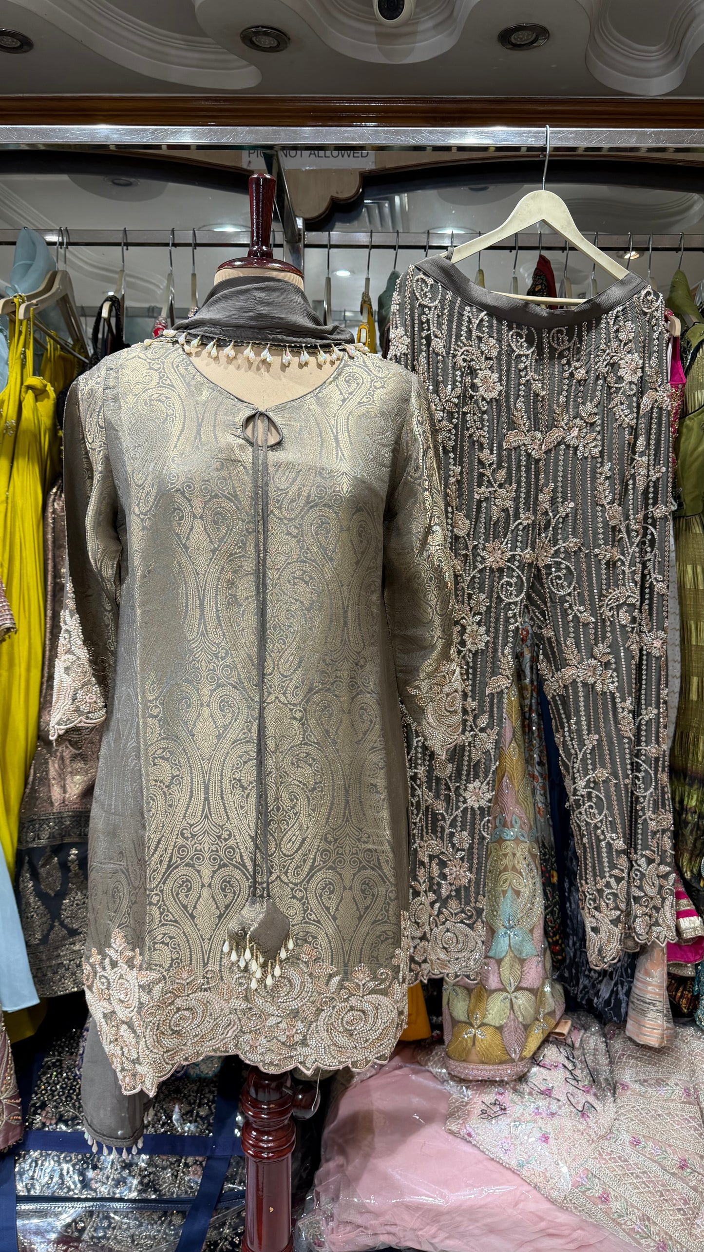 Pure Kheenkhaab Handwork pearls embroided pants suit