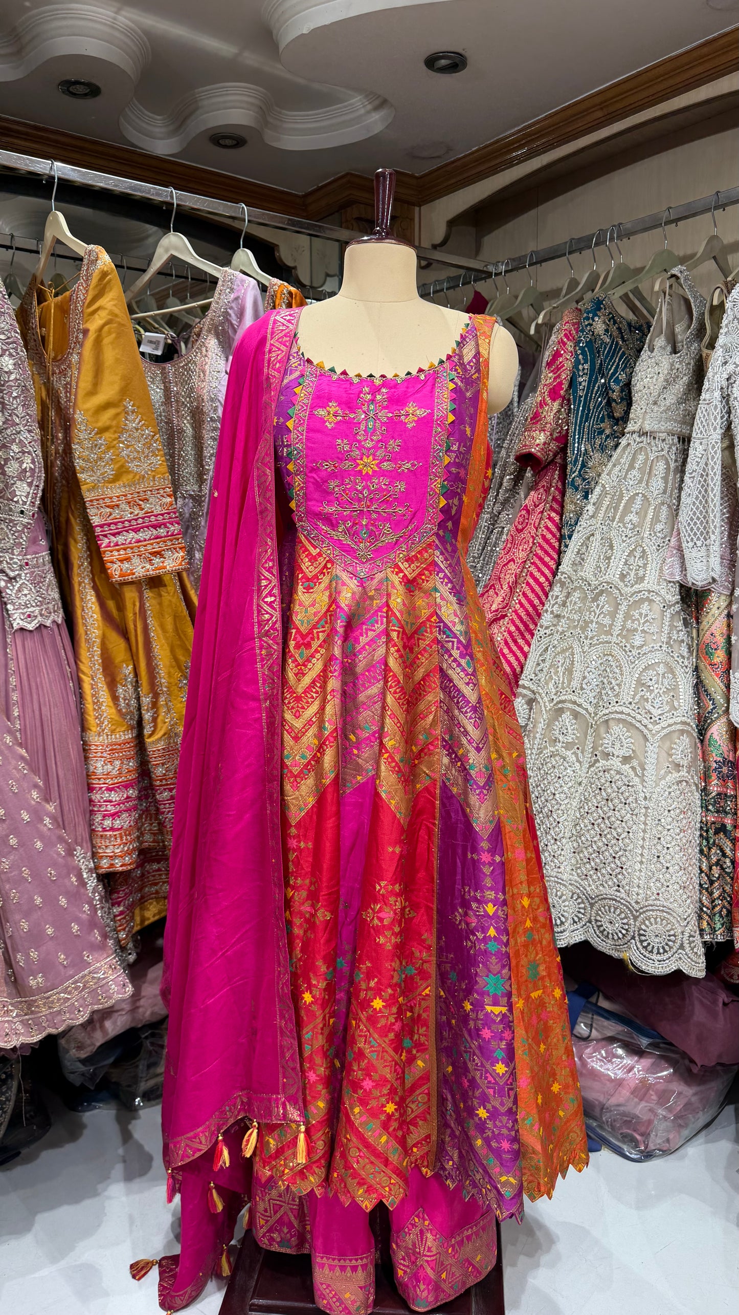 Banarsi Silk Anarkali Suit with sharara plazo