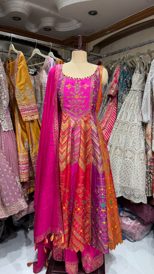 Banarsi Silk Anarkali Suit with sharara plazo