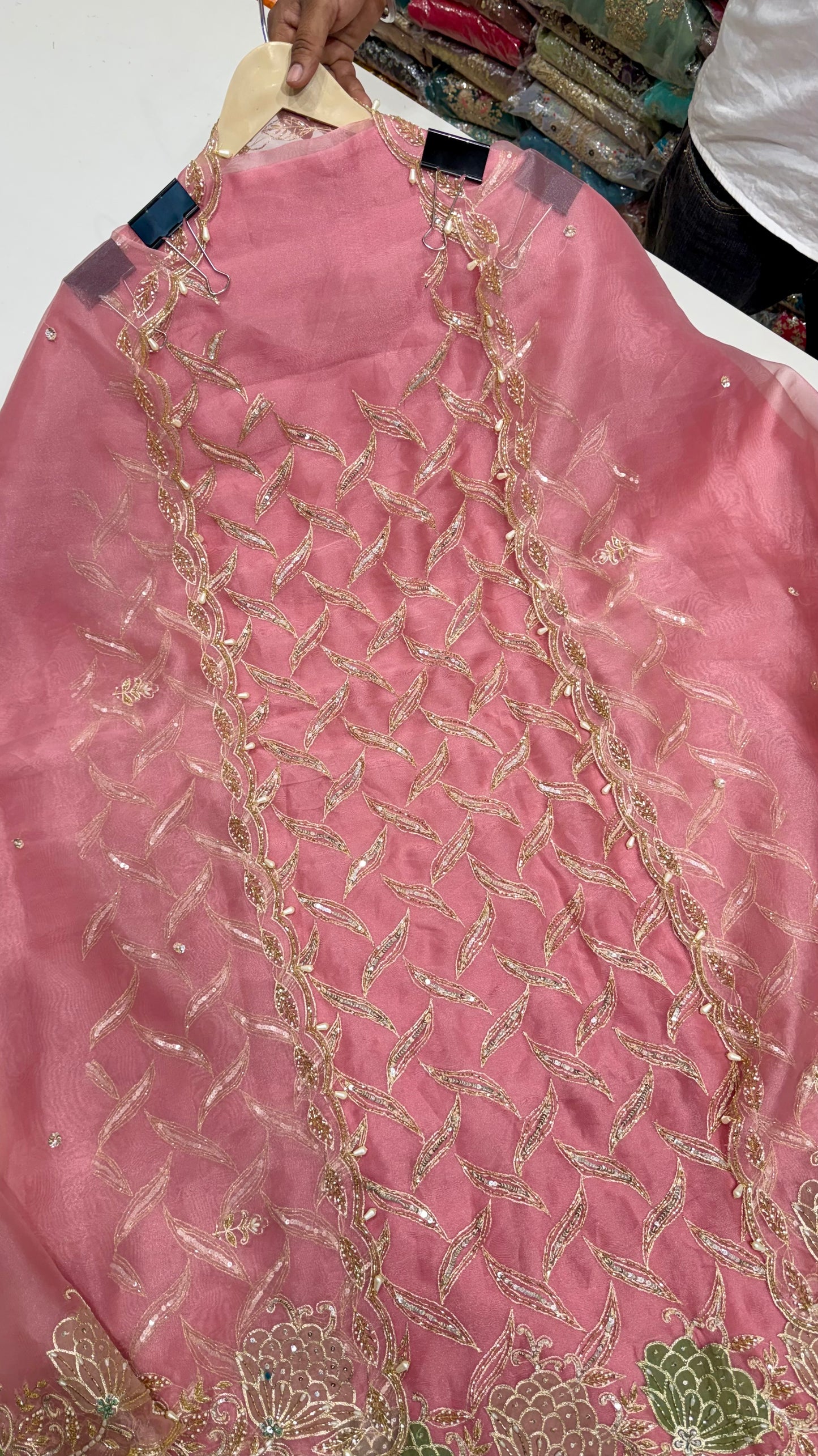 Designer Pure Glass Organza Unstitched Suit with Zardozi Handwork & Embroidered Dupatta