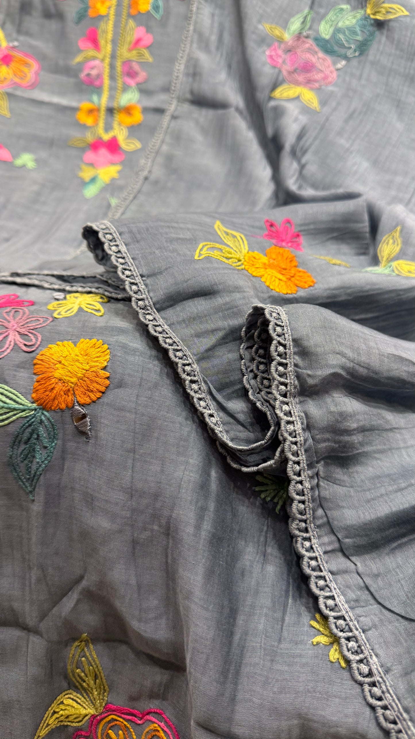 Elegant Pure Mul Cotton Unstitched Suit with Parsi Multithread Embroidery & Mul Dupatta