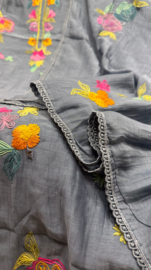 Elegant Pure Mul Cotton Unstitched Suit with Parsi Multithread Embroidery & Mul Dupatta