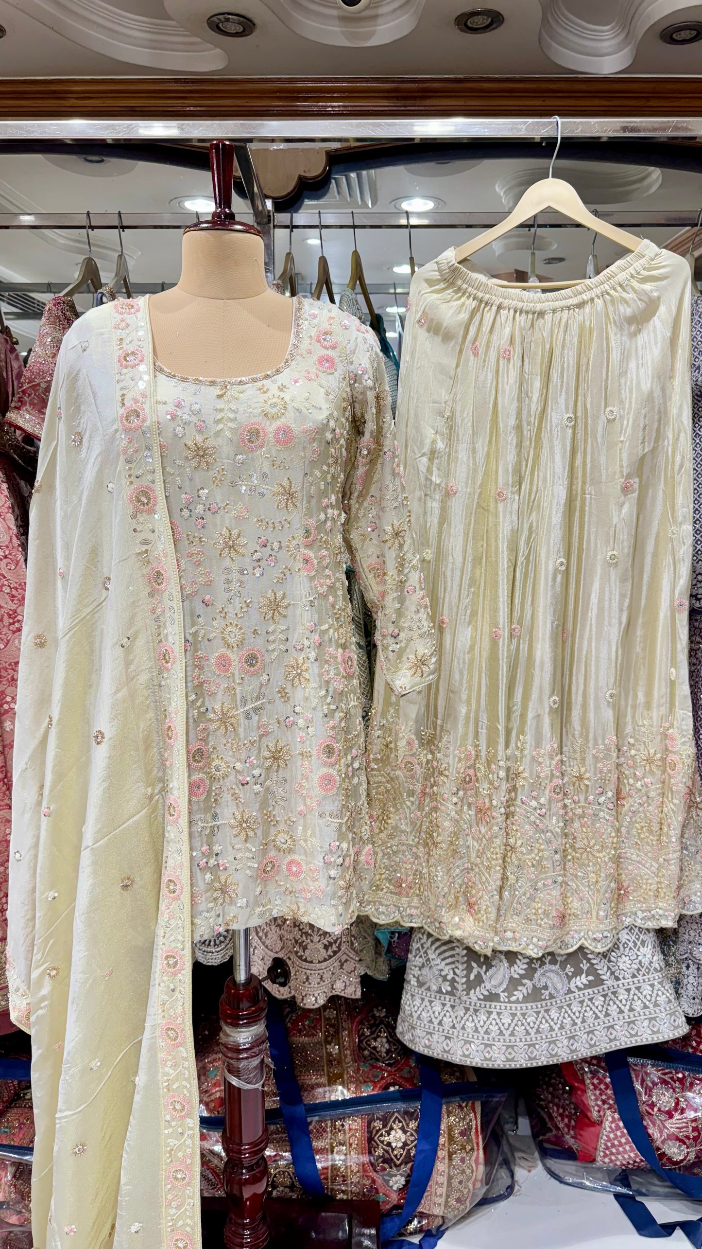 Luxury Zardozi Hand Embroidered Readymade Sharara Suit – Free Size (Up to 42” Bust)