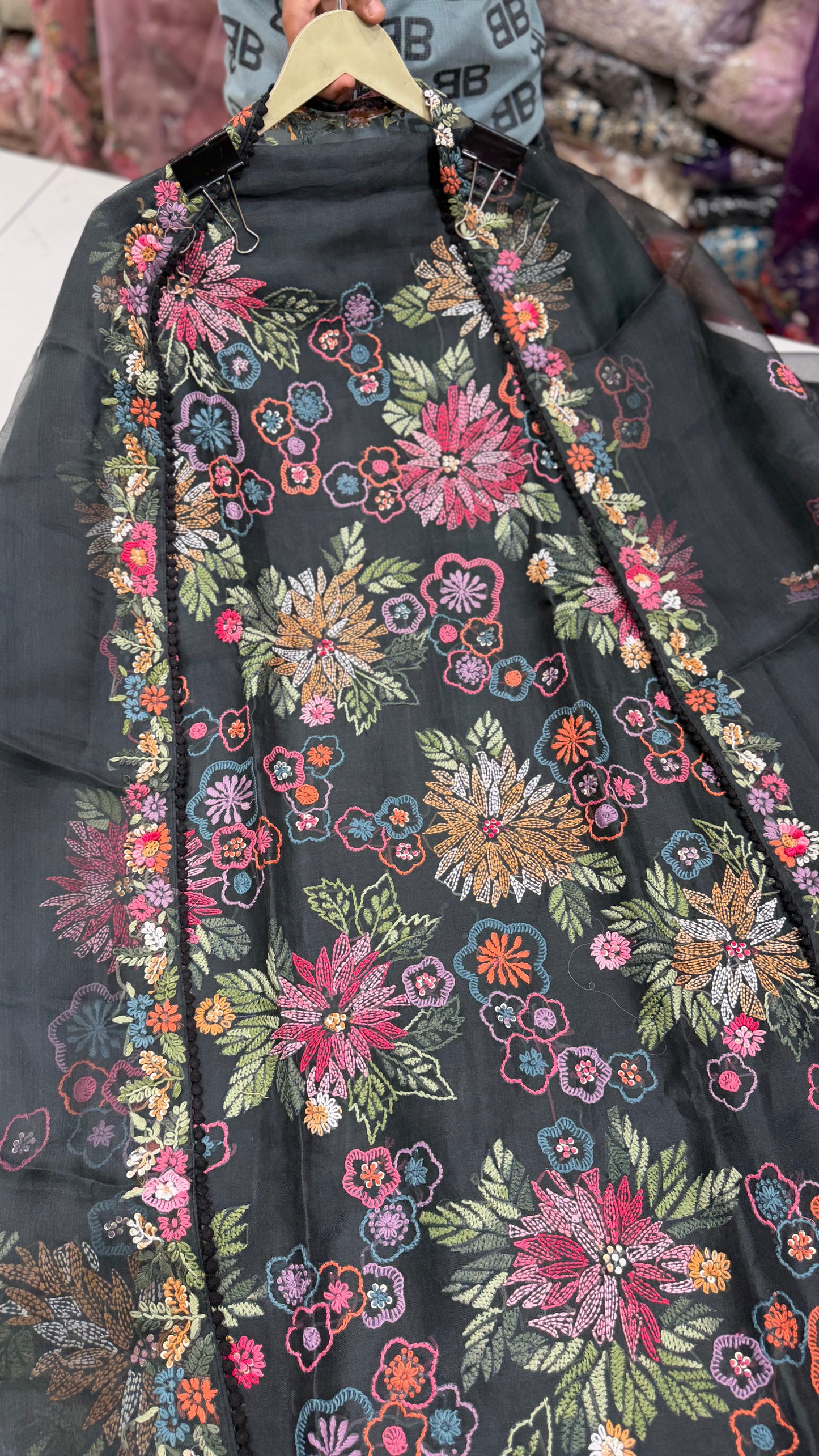 Luxury Designer Organza Kantha Embroidered Unstitched Suit with Dupatta & Crepe Bottom