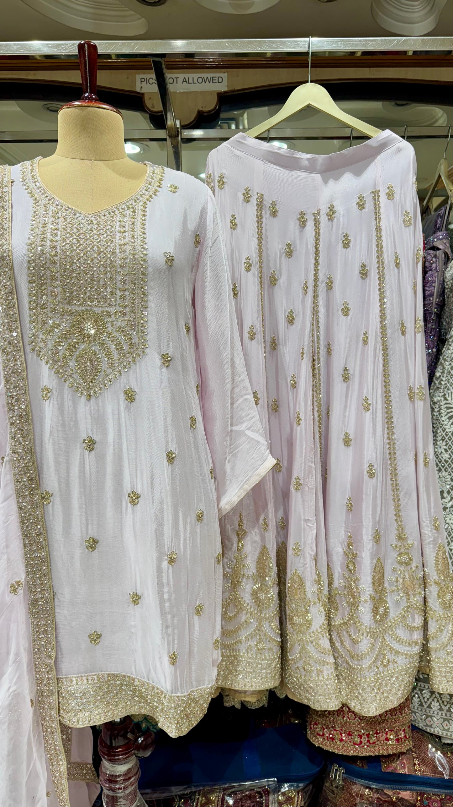 Elegant Hand-Embroidered Pure Chinon Lehenga Suit – Readymade Free Size (Up to 46” Bust)