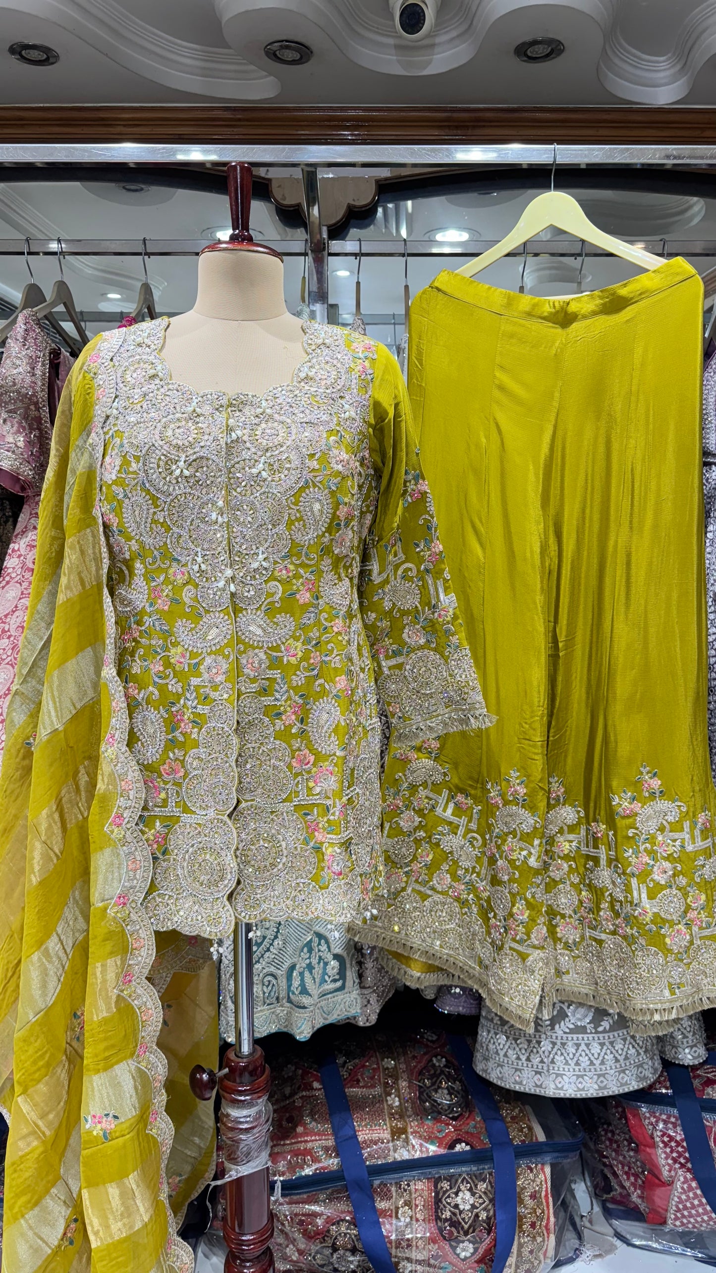 Luxury Hand Embroidered Chinon Sharara Suit with Tissue Dupatta – Ready to Wear (Free Size up to 44 Bust)