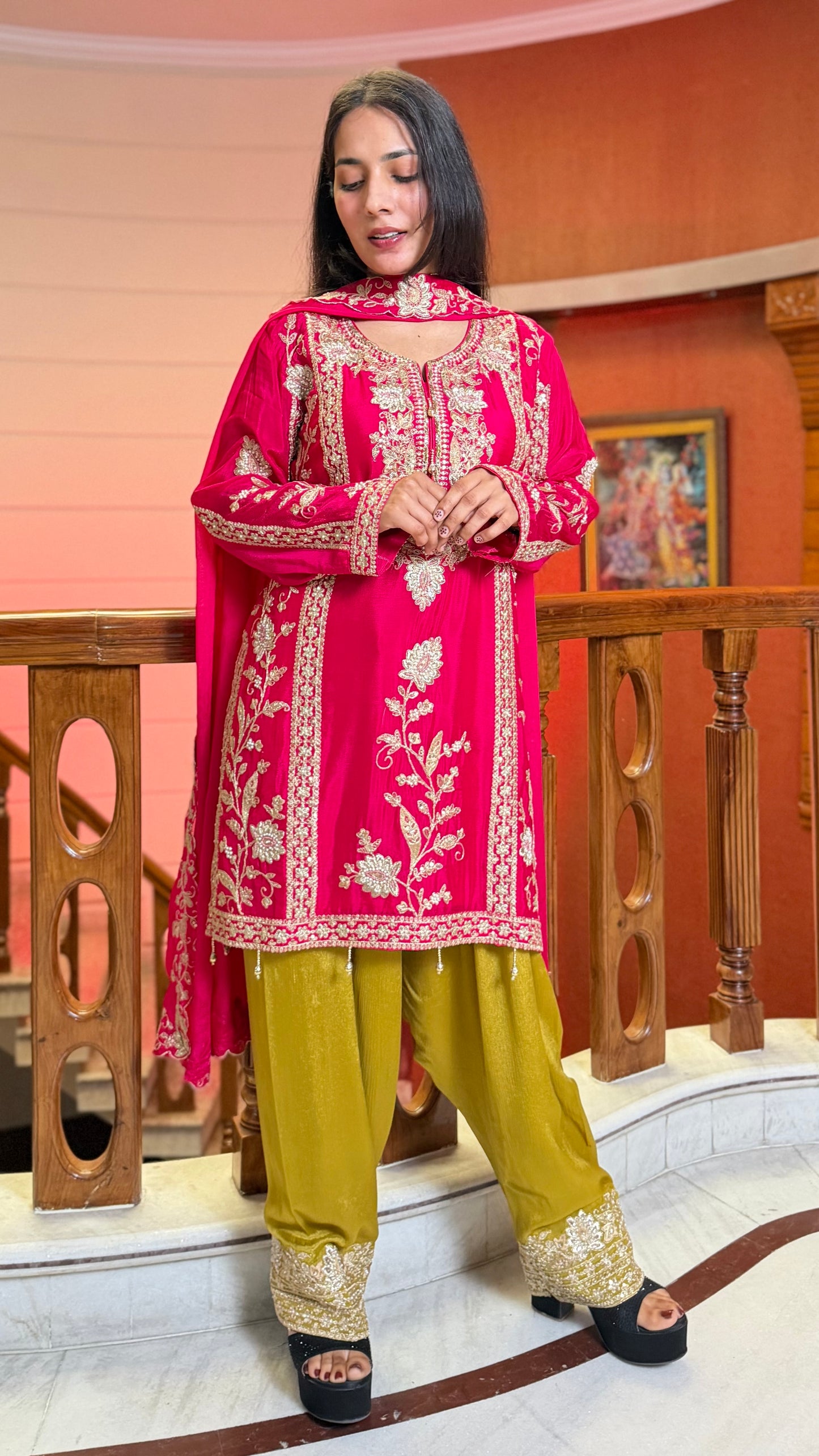 Rani Pink Pure Chinon Farshi Salwar Suit with Heavy Embroidery