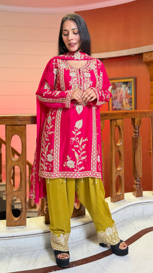 Rani Pink Pure Chinon Farshi Salwar Suit with Heavy Embroidery