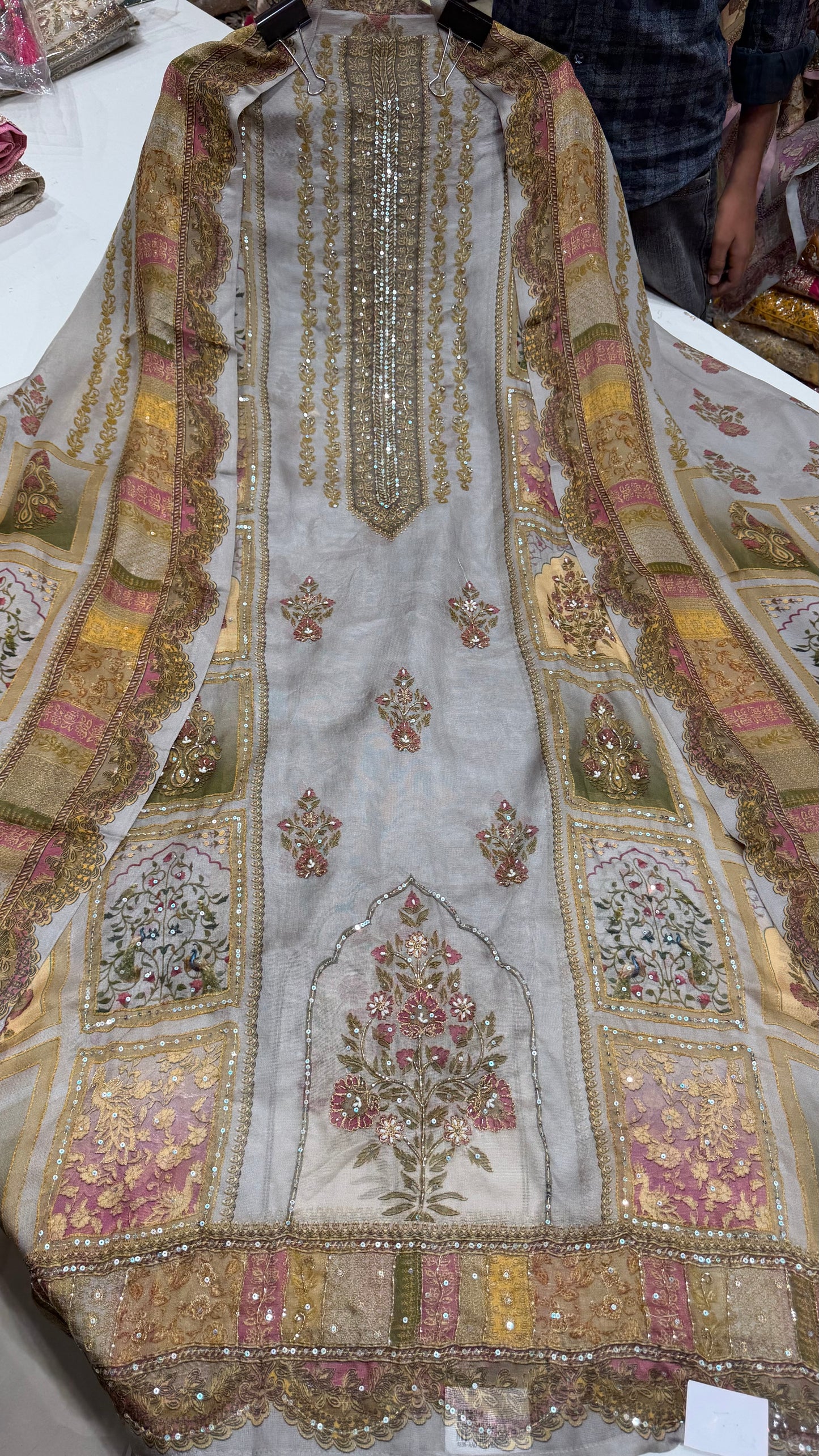 Luxury Unstitched Pure Burberry Tissue Suit | Designer Position Print with Heavy Zari & Sequence Hand Embroidery | Printed Dupatta & Cotton Silk Bottom Fabric | Festive Wedding Wear (US7236)
