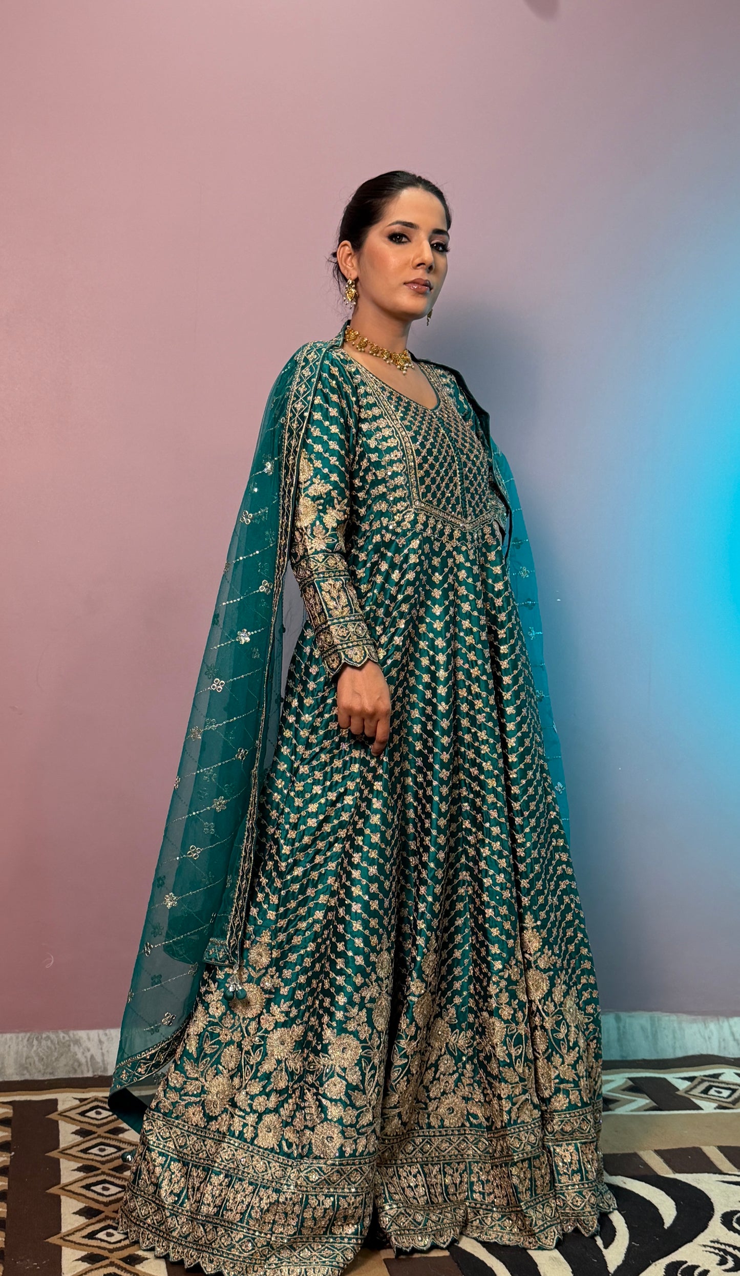 Emerald Royal Pure Silk Floor Length Anarkali Suit with Embroidered Net Dupatta