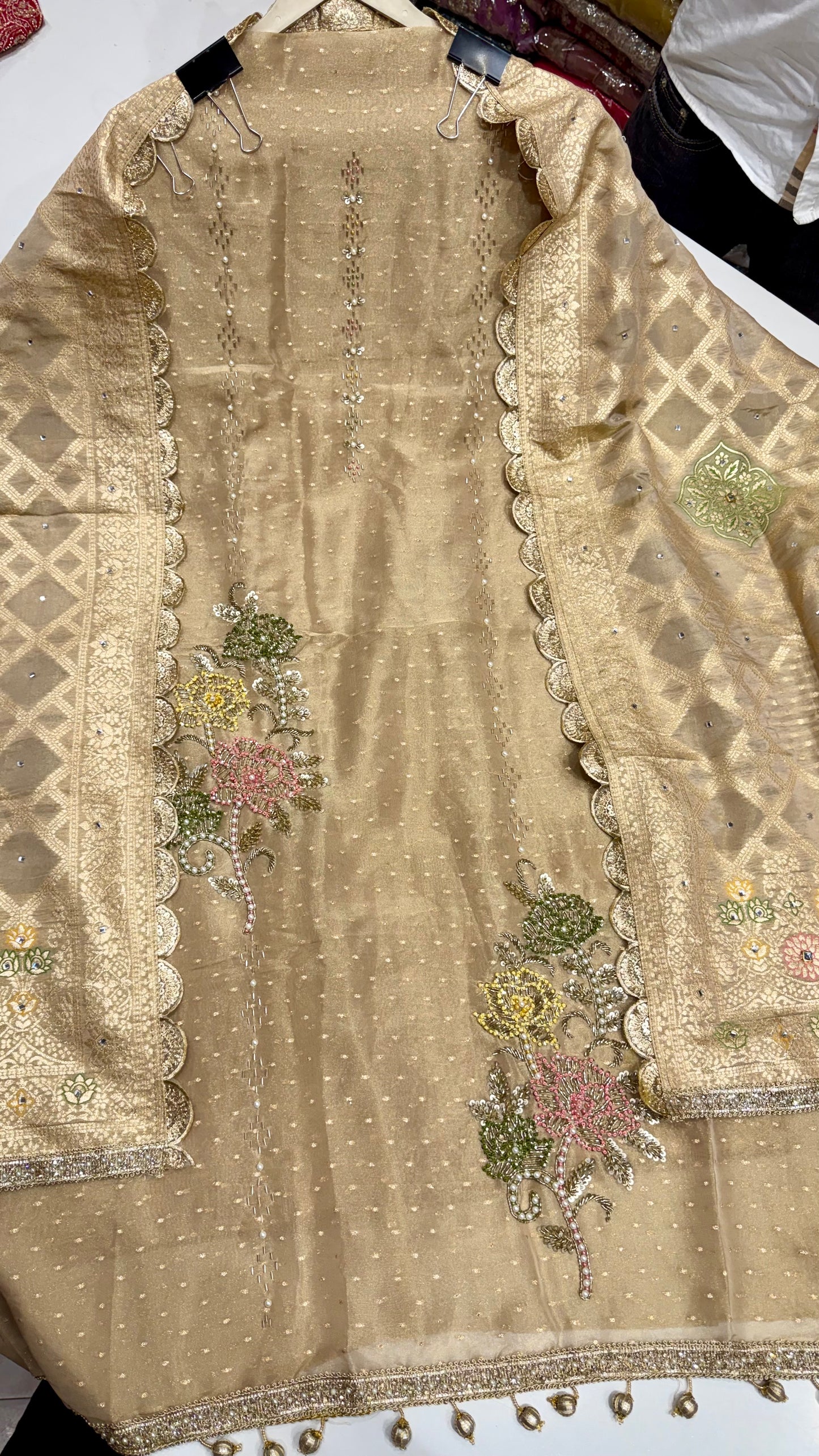 Designer Pure Handloom Tissue Unstitched Suit with Zardozi Handwork & Dupatta