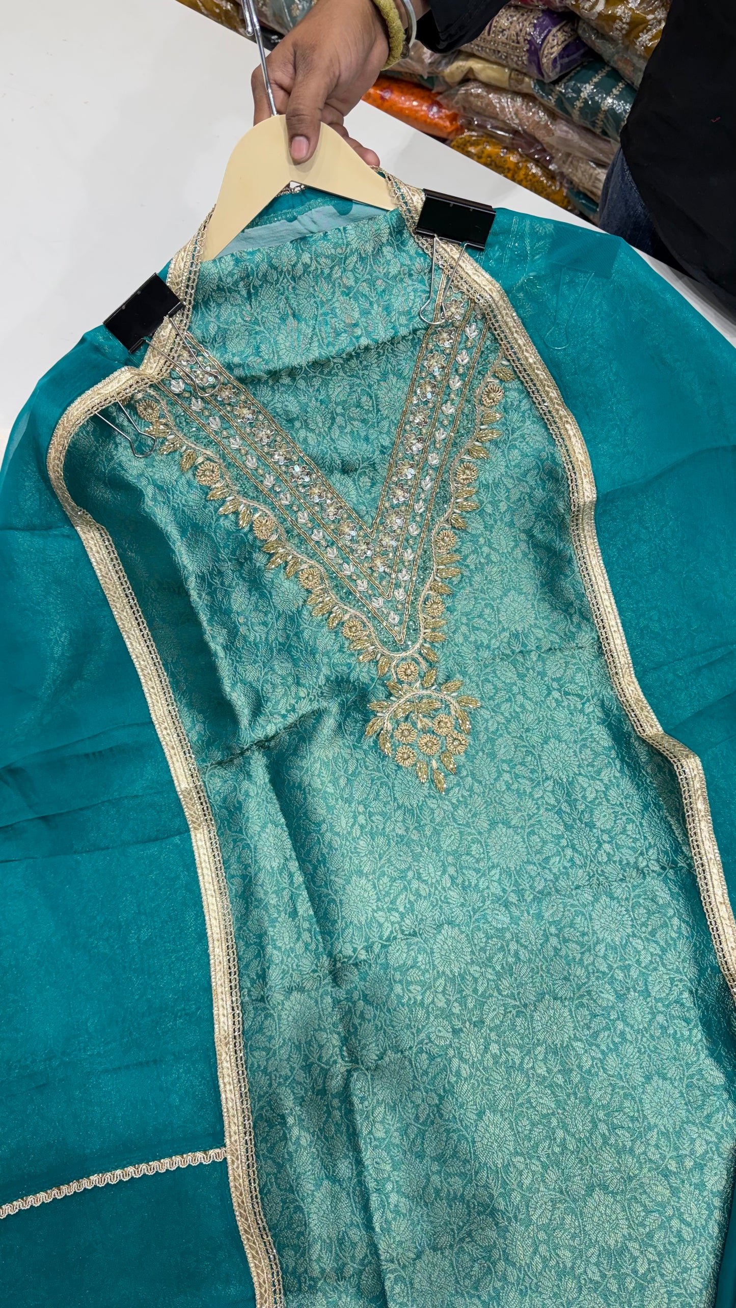 Designer Pure Brocket Silk Unstitched Suit with Zardozi Handwork & Organza Dupatta