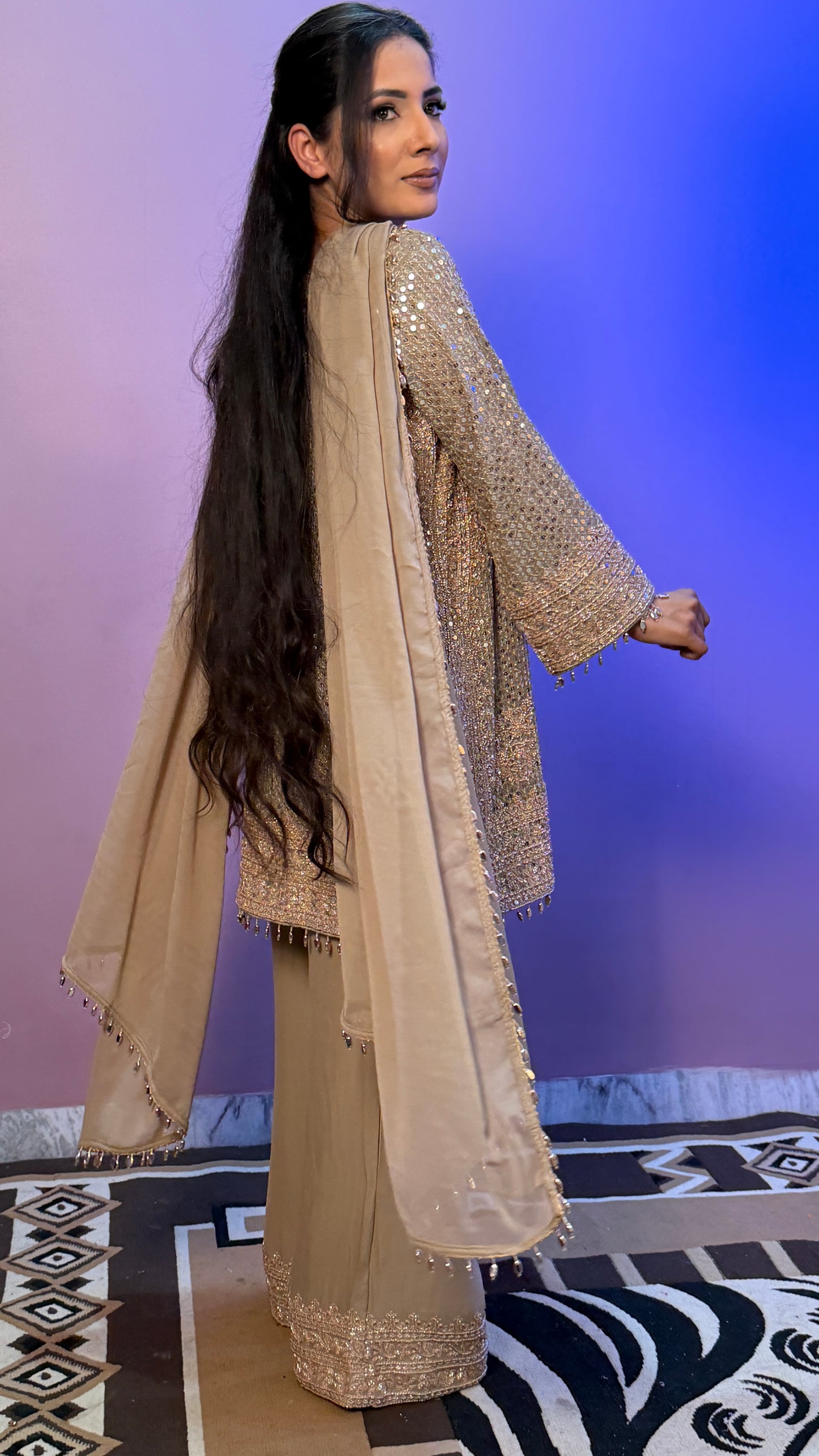 Champagne Gold Pure Georgette Designer Pants Suit with Latkan Dupatta