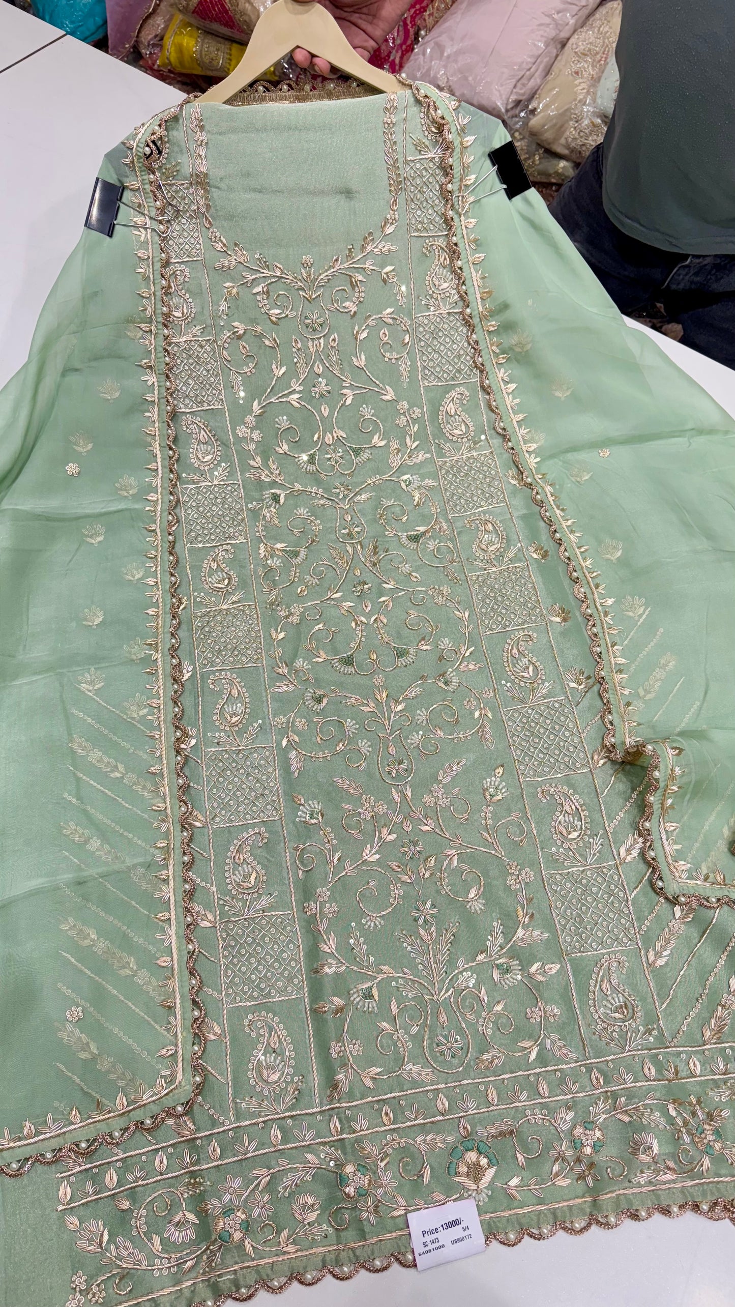 Luxury Shimmer Tissue Hand Embroidered Unstitched Suit with Pure Organza Dupatta
