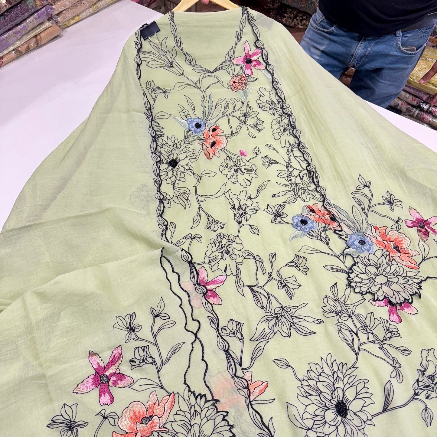 Unstitched Pure Mulmul Kalamkari Suit with Bead Embroidery & Cutwork Dupatta
