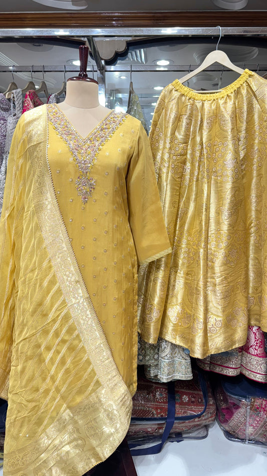 Light Mustard Banarsi tissue lehenga suit set