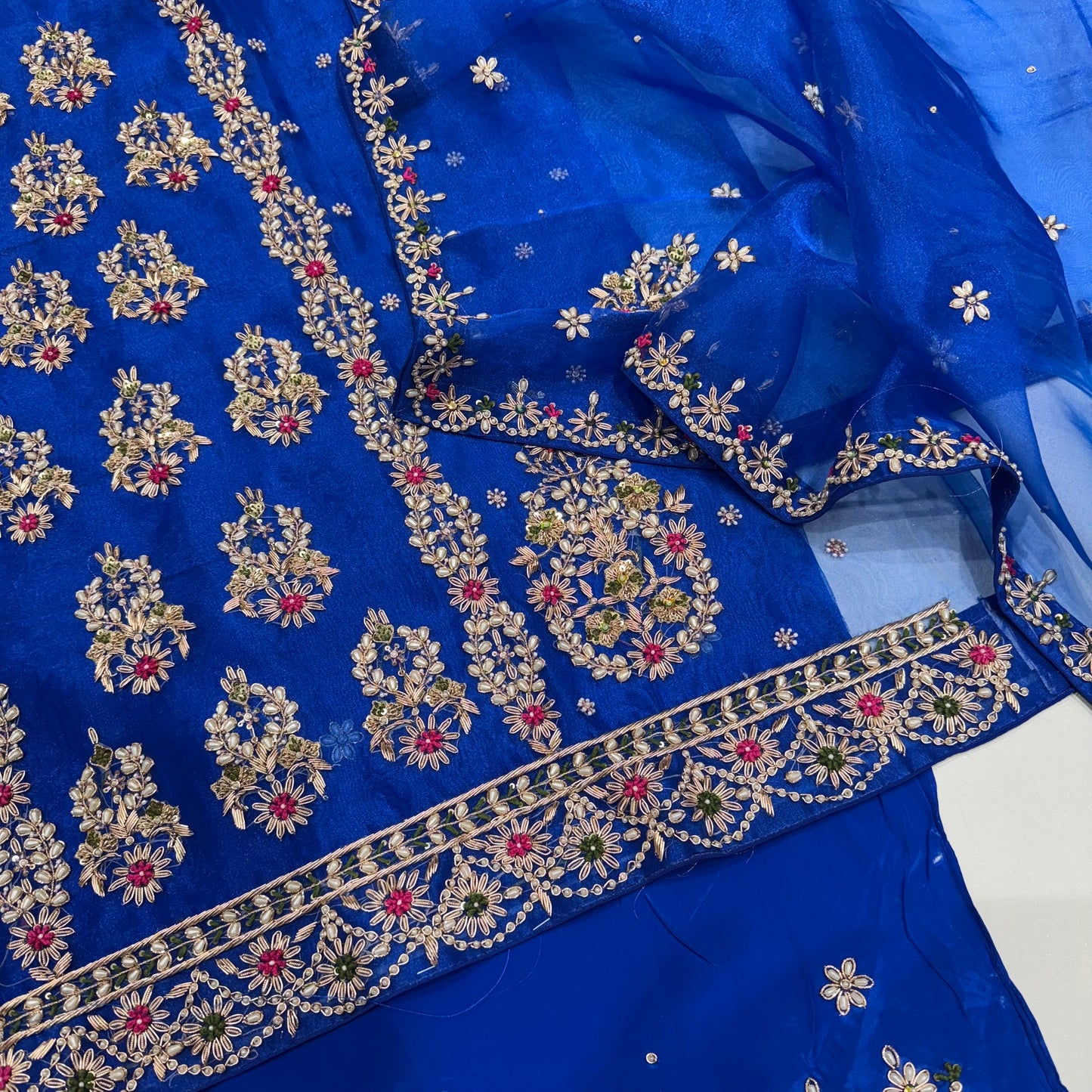 Embroidered Organza Unstitched Suit - Traditional Floral Design with Dupatta (Available in Rust & Royal Blue)