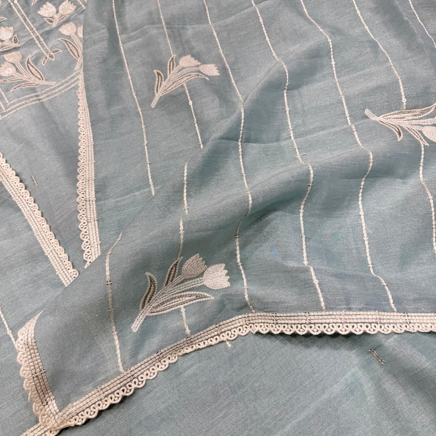 Trendy Pure Tissue Thread, Sequence & Zari Embroidered Suit with Embroidered Tissue Dupatta & Cotton Bottom