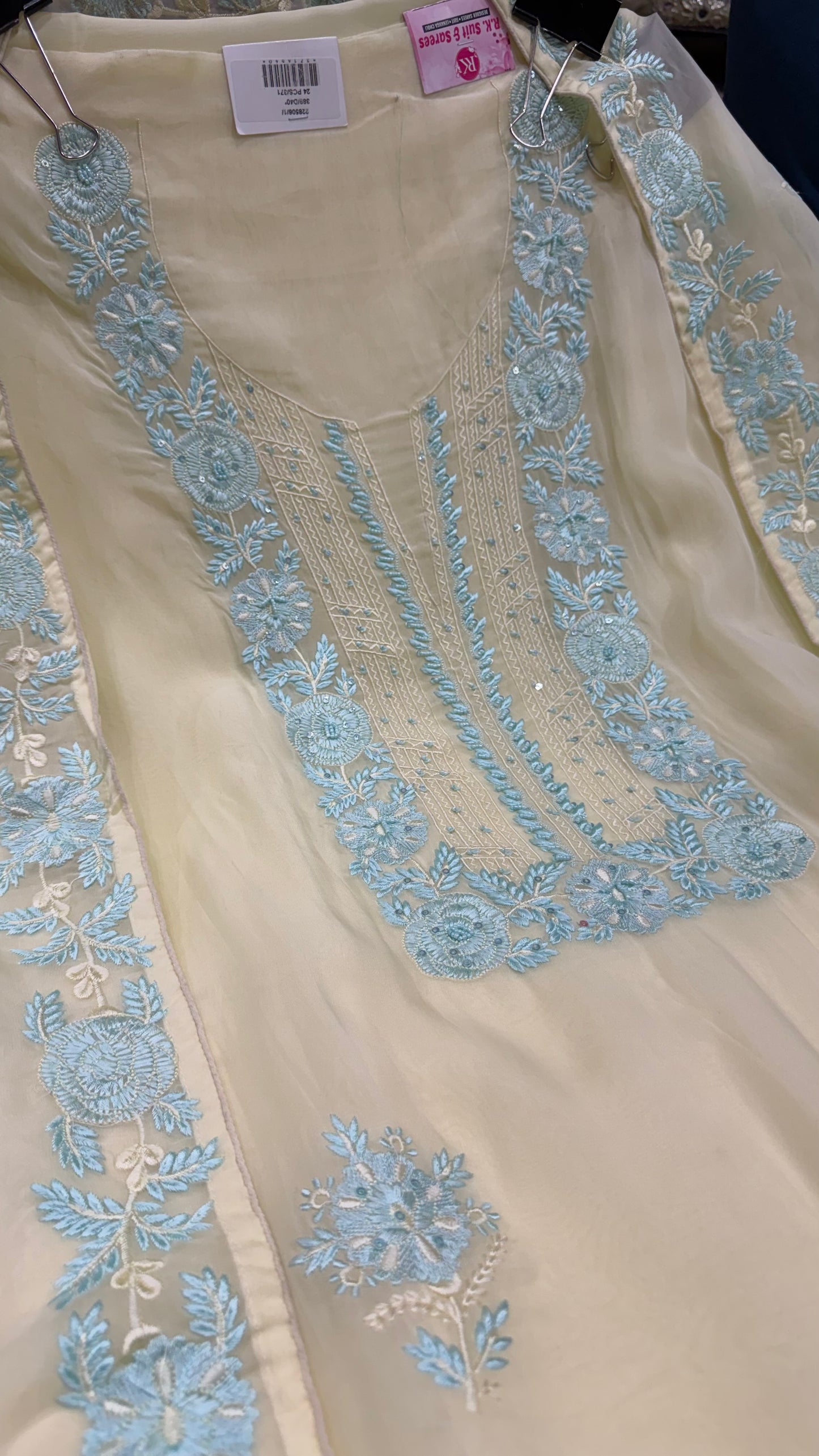 Luxury Pure Organza Unstitched Suit with Hand Embroidered Neck, Ghera & Dupatta Border | Includes Pure Crepe 2.5m Bottom