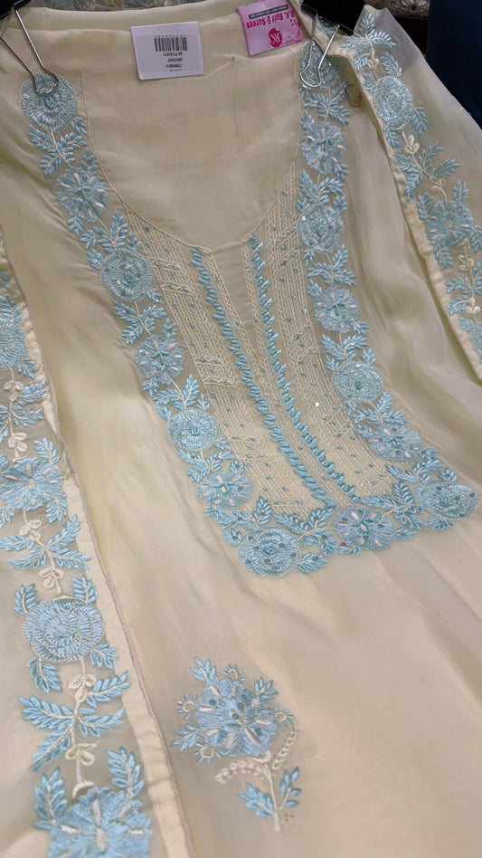 Luxury Pure Organza Unstitched Suit with Hand Embroidered Neck, Ghera & Dupatta Border | Includes Pure Crepe 2.5m Bottom