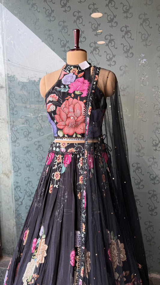 Black Digital Floral Pure Crepe Lehenga Choli with Sequins Highlighting & Net Dupatta – Free Size up to 42 Bust