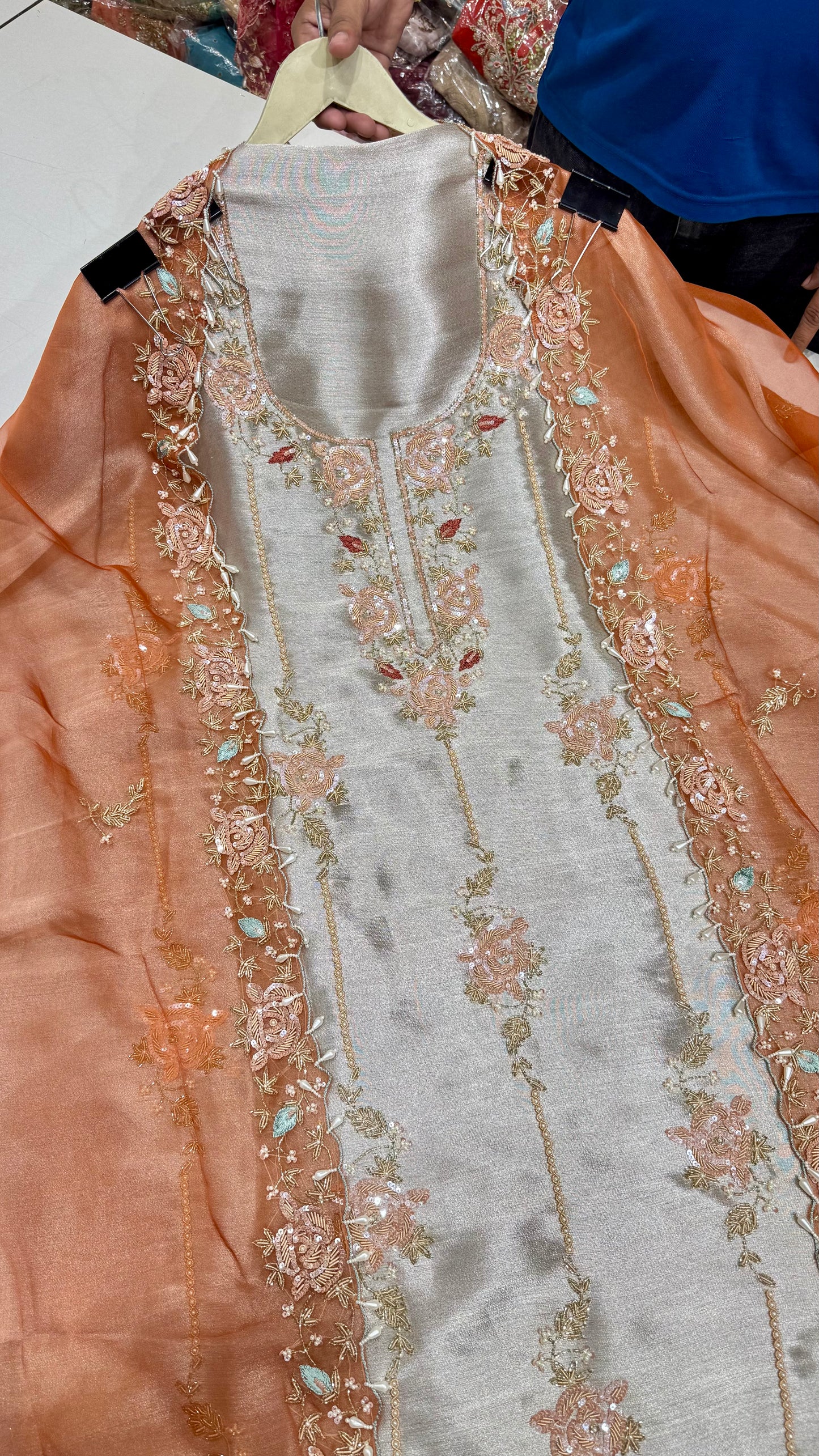 Luxury Hand-Embroidered Unstitched Shimmer Tissue Suit with Organza Dupatta