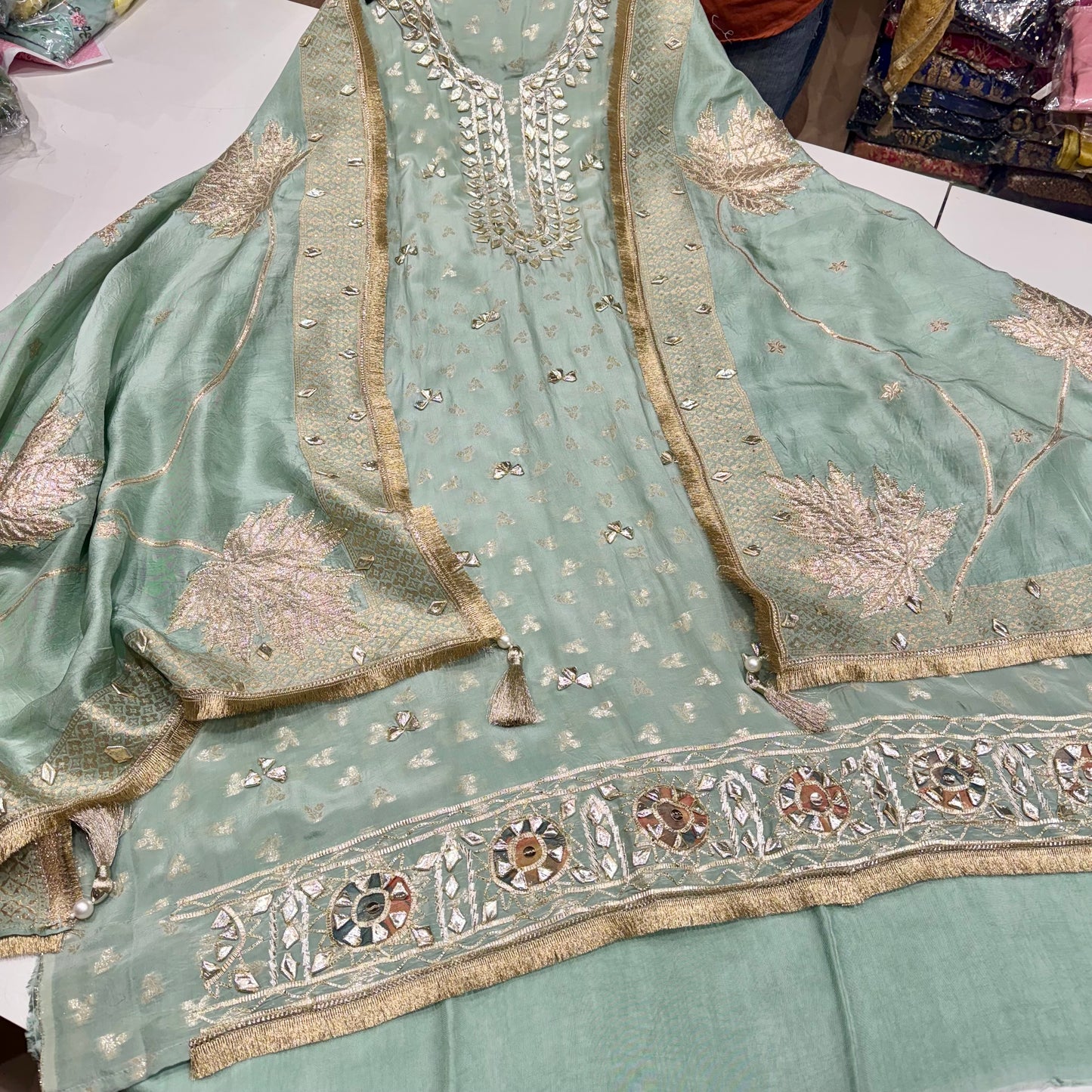 Elegant Banarsi Crepe Straight Unstitched Suit with Banarasi Dupatta & Gota Patti Work