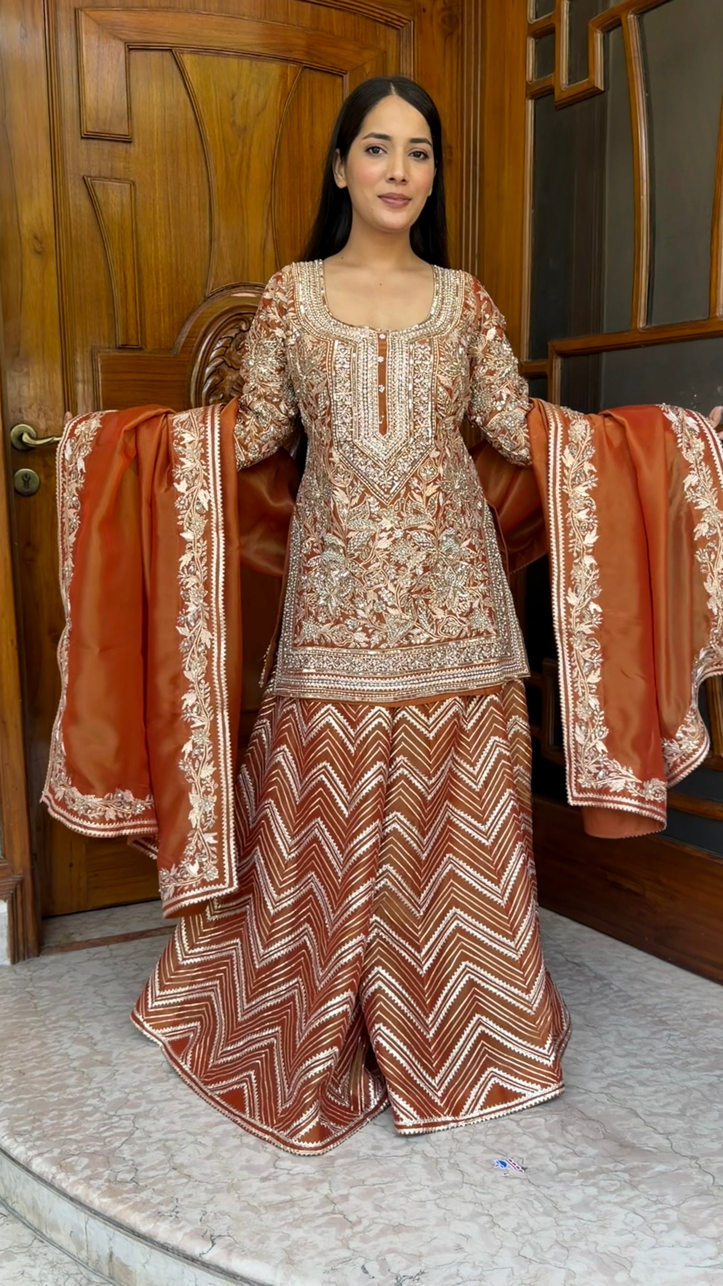 Rust Orange Pure Tissue Heavy Sharara Suit with Hand Embroidered Zardozi Work