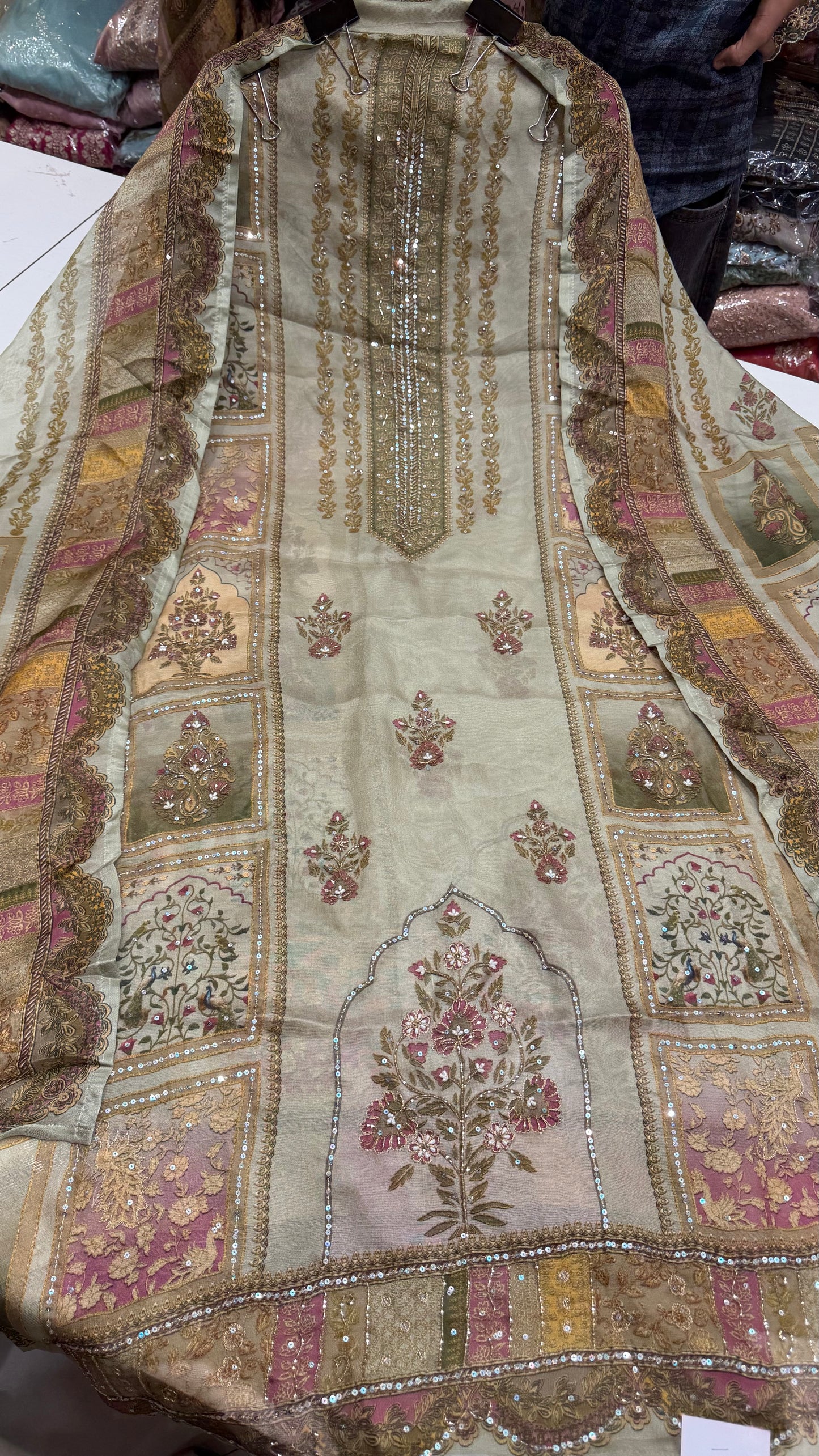 Luxury Unstitched Pure Burberry Tissue Suit | Designer Position Print with Heavy Zari & Sequence Hand Embroidery | Printed Dupatta & Cotton Silk Bottom Fabric | Festive Wedding Wear (US7236)