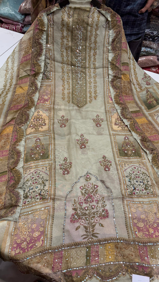 Luxury Unstitched Pure Burberry Tissue Suit | Designer Position Print with Heavy Zari & Sequence Hand Embroidery | Printed Dupatta & Cotton Silk Bottom Fabric | Festive Wedding Wear (US7236)