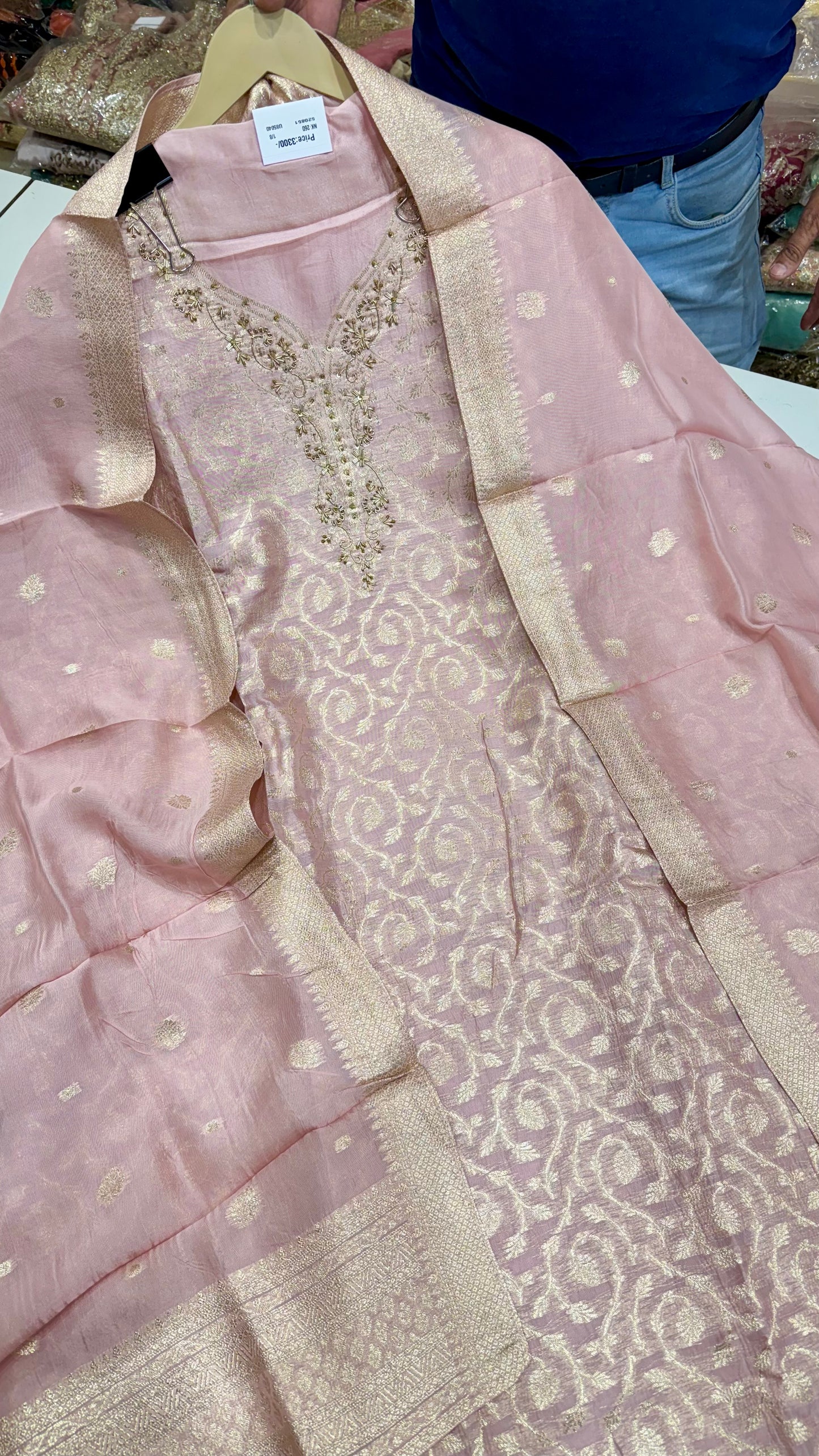 Elegant Banarasi Tissue Unstitched Suit with Dabka Handwork