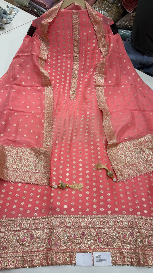 Luxury Unstitched Pure Mysore Georgette Suit with Handloom Zari Weaving & Hand Embroidery | Premium Designer Wedding & Festive Wear Dress Material