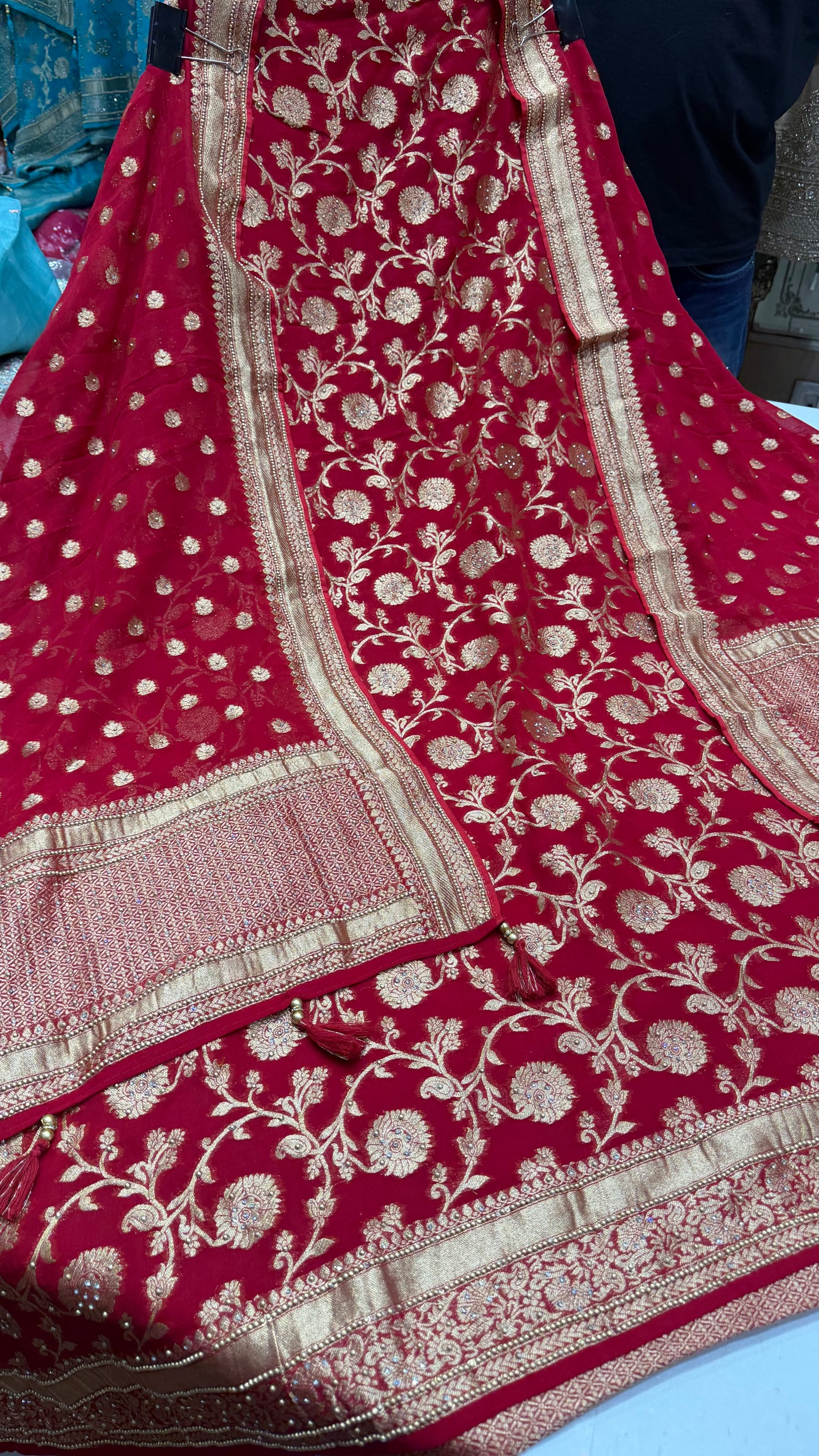 Luxury Unstitched Pure Mysore Georgette Suit | Khaddi Handloom Weaving with Heavy Embroidery Highlight | Designer Daman, Sleeves Work & Handwoven Khadi Dupatta | Festive Wedding Wear
