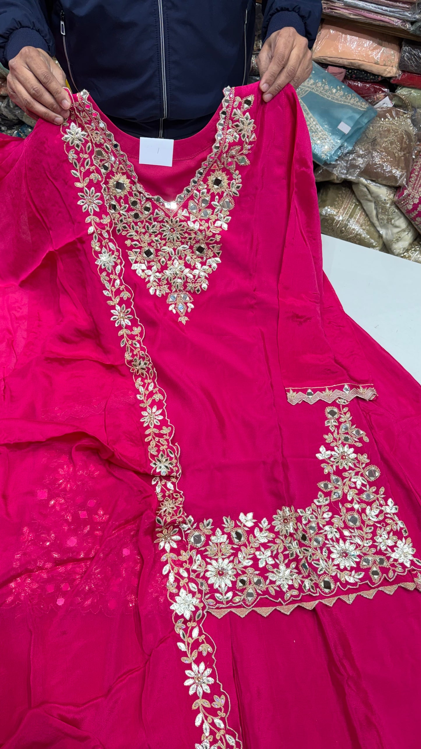 Readymade Chinon Crepe Gotta Patti & Mirror Work Sharara Suit – Free Size (Up to 42” Bust)