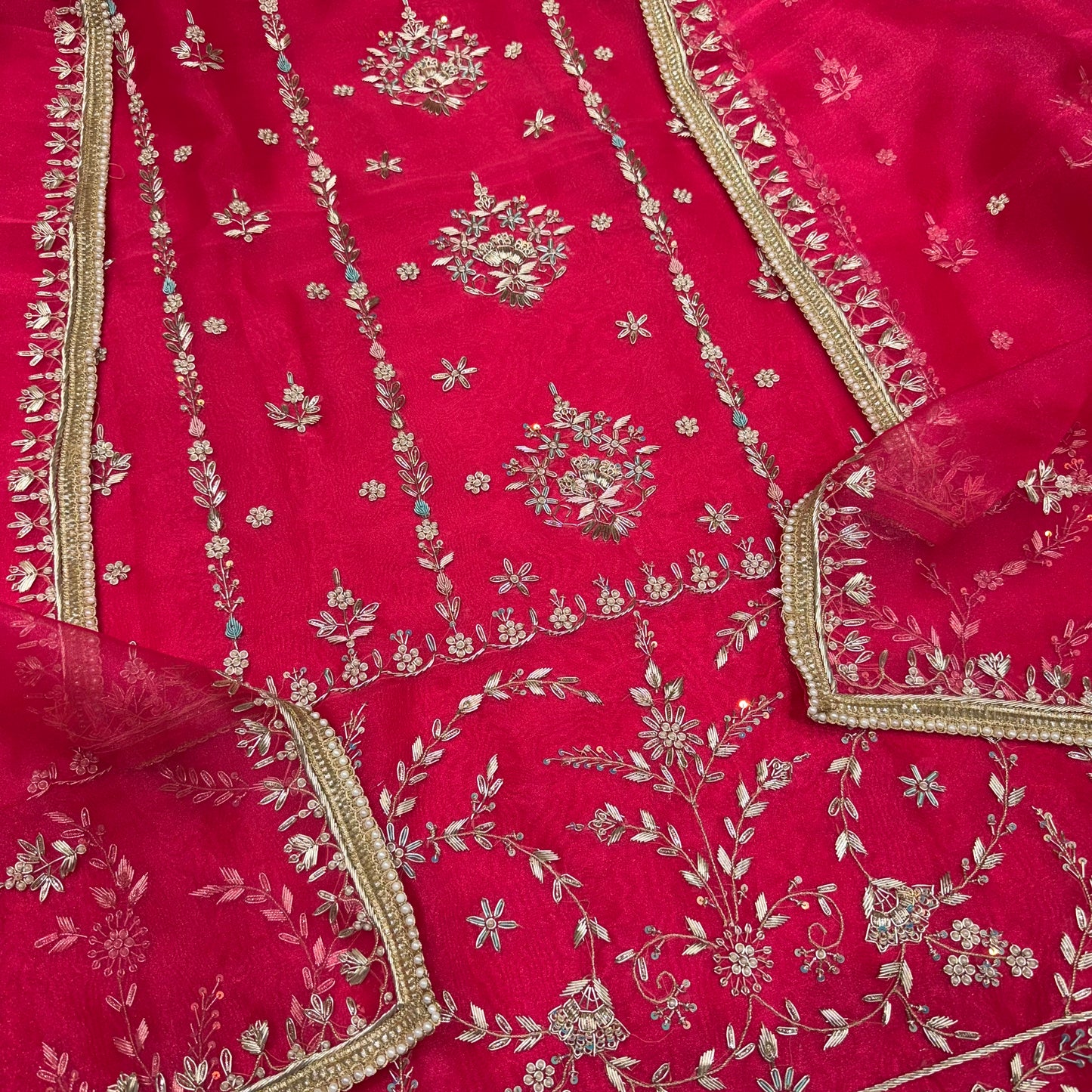 Premium Embroidered Glass Organza Suit Set with Four-Side Embellished Dupatta & Crepe Bottom